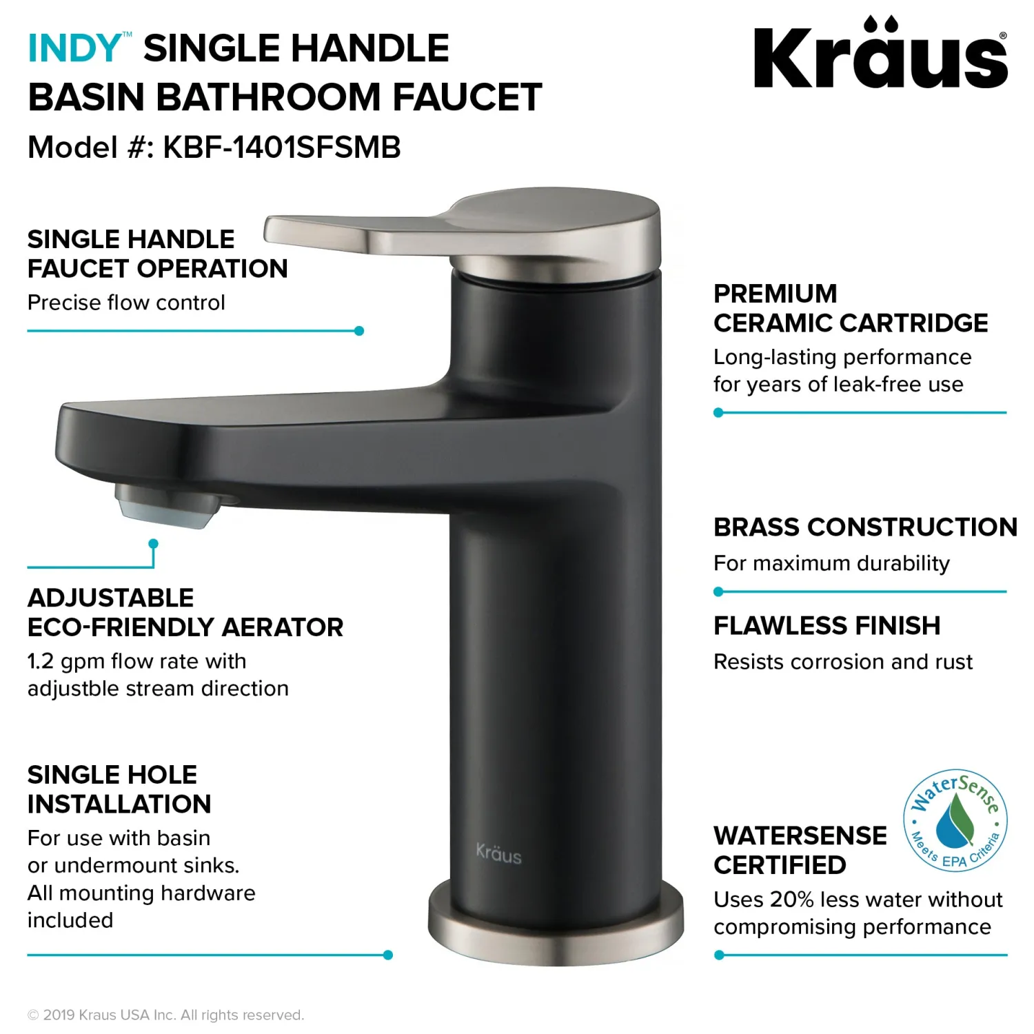 Online Indy Single Handle Bathroom Faucet with Matching Pop-Up Drain in Spot Free Stainless Steel/Matte Black/Matte Black Single Hole