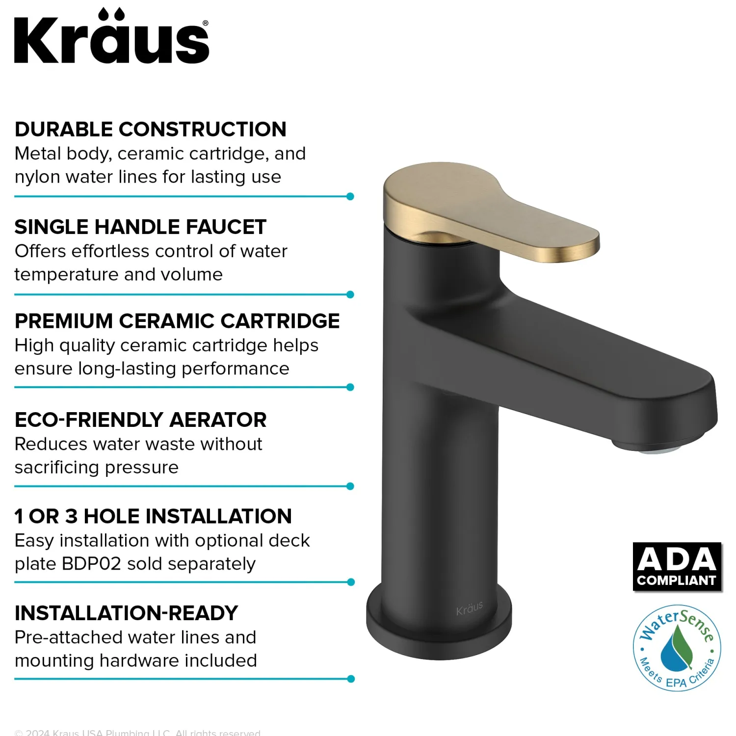 Indy Single Handle Bathroom Faucet in Matte Black with Brushed Brass Single Hole