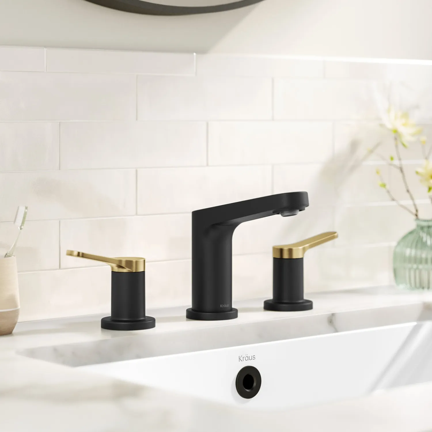 Outlet Indy Widespread Bathroom Faucet in Matte Black with Brushed Brass 8" Widespread