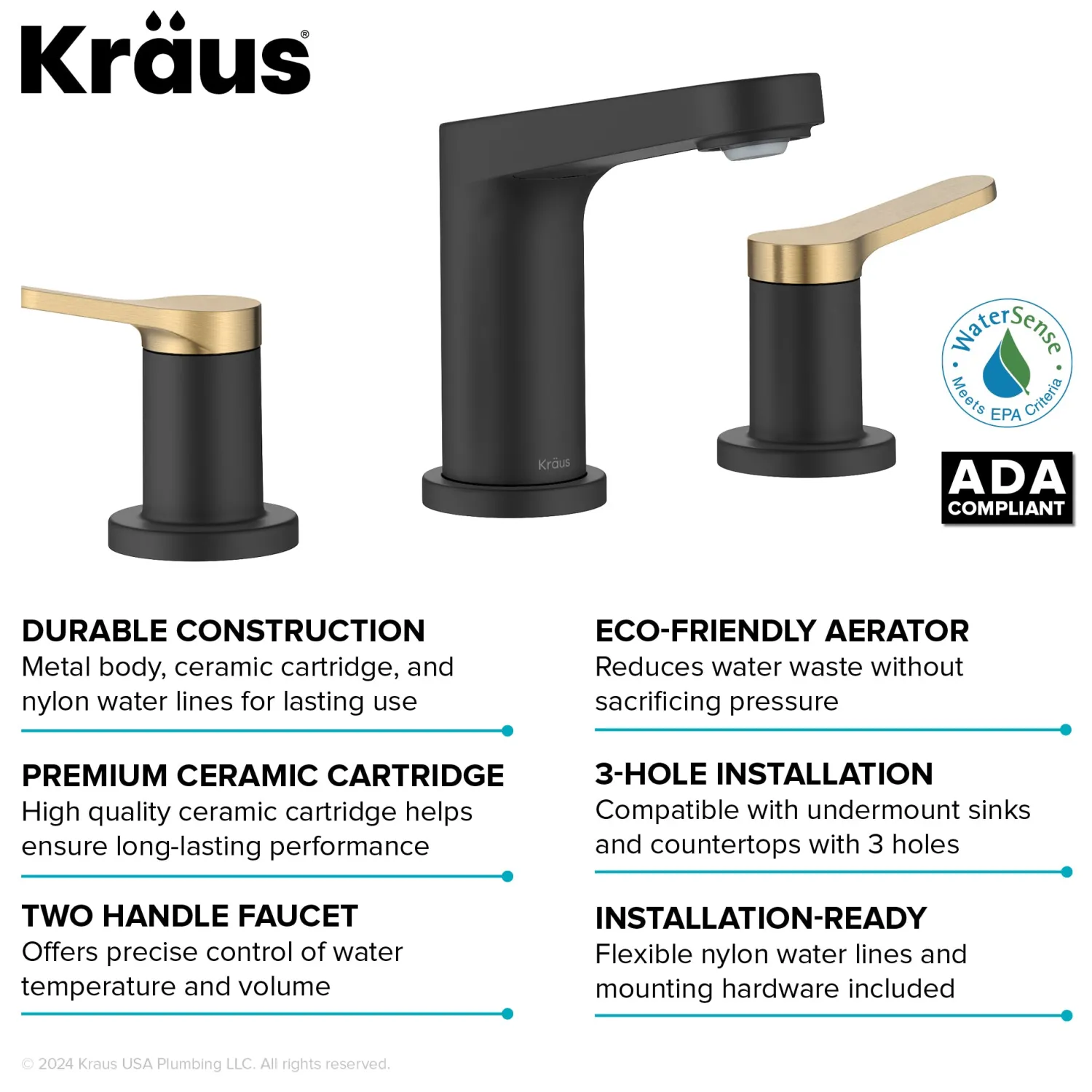 Outlet Indy Widespread Bathroom Faucet in Matte Black with Brushed Brass 8" Widespread