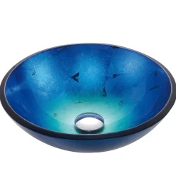 Best Irruption Blue Glass Vessel Bathroom Sink with PU-MR Above Counter / Vessel Sinks