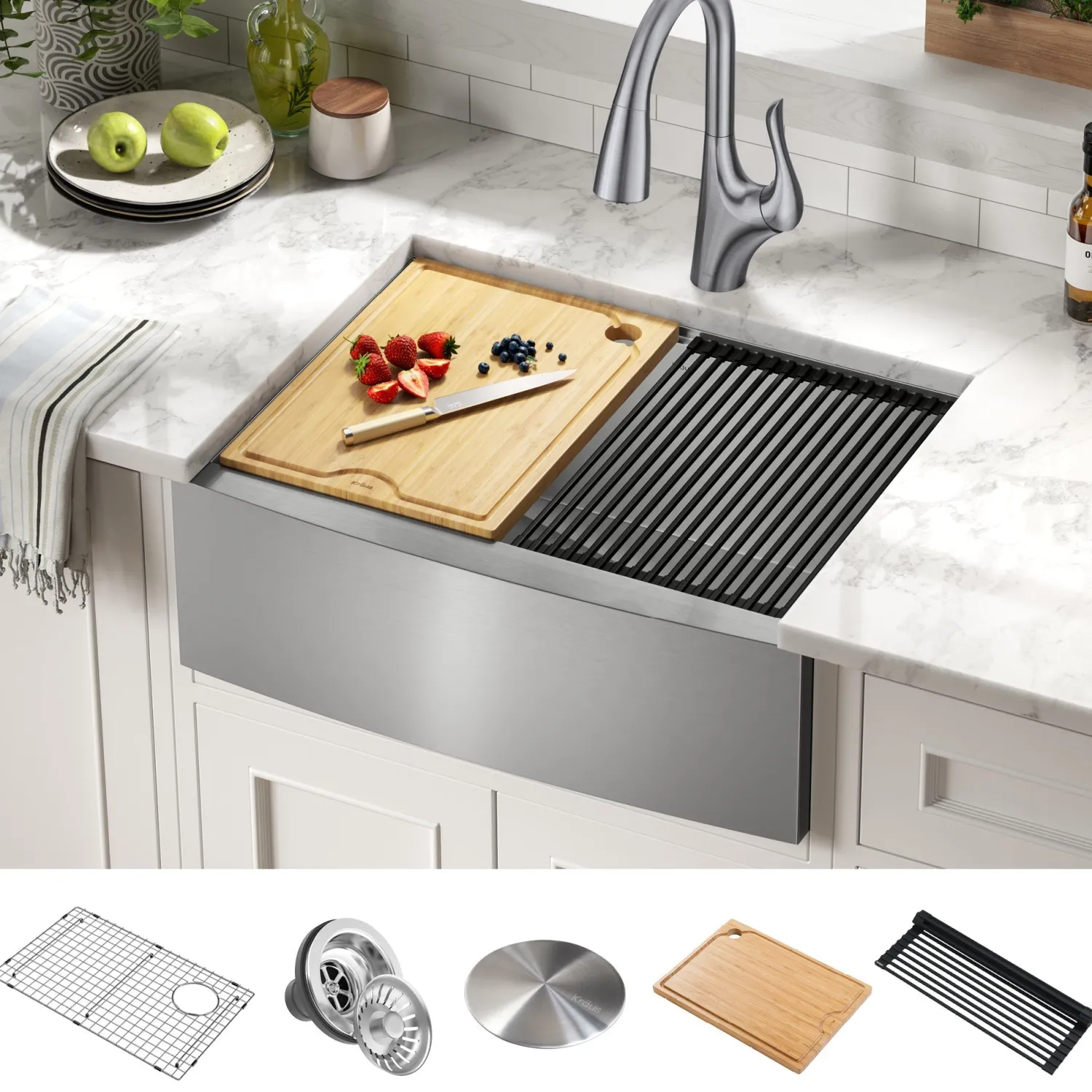 Best Kore 27" Apron Front Workstation 16 Gauge Stainless Steel Kitchen Sink Stainless Steel Sinks|Single Bowl Sinks