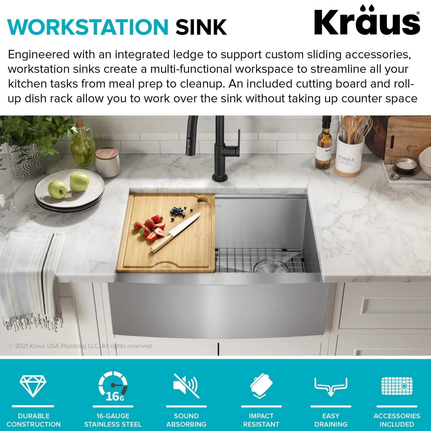Best Kore 27" Apron Front Workstation 16 Gauge Stainless Steel Kitchen Sink Stainless Steel Sinks|Single Bowl Sinks