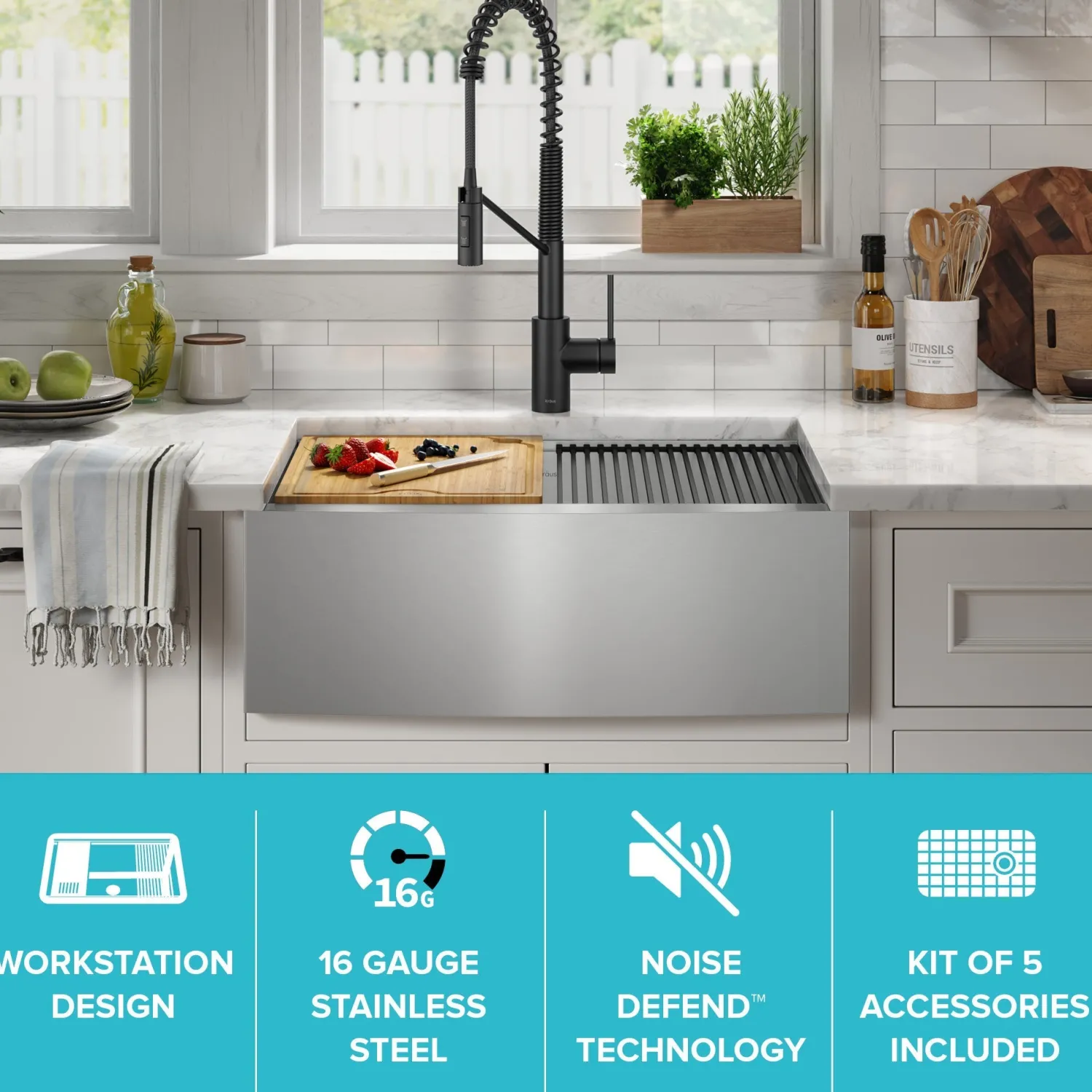 Best Kore 27" Apron Front Workstation 16 Gauge Stainless Steel Kitchen Sink Stainless Steel Sinks|Single Bowl Sinks