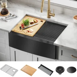 Online Kore 27" Apron Front Workstation 16 Gauge Stainless Steel Kitchen Sink in PVD Gunmetal Finish Single Bowl Sinks|Stainless Steel Sinks