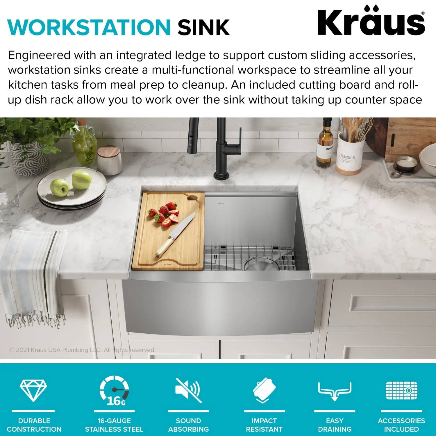 Discount Kore 24" Apron Front Workstation 16 Gauge Stainless Steel Single Bowl Kitchen Sink with Accessories Stainless Steel Sinks|Single Bowl Sinks