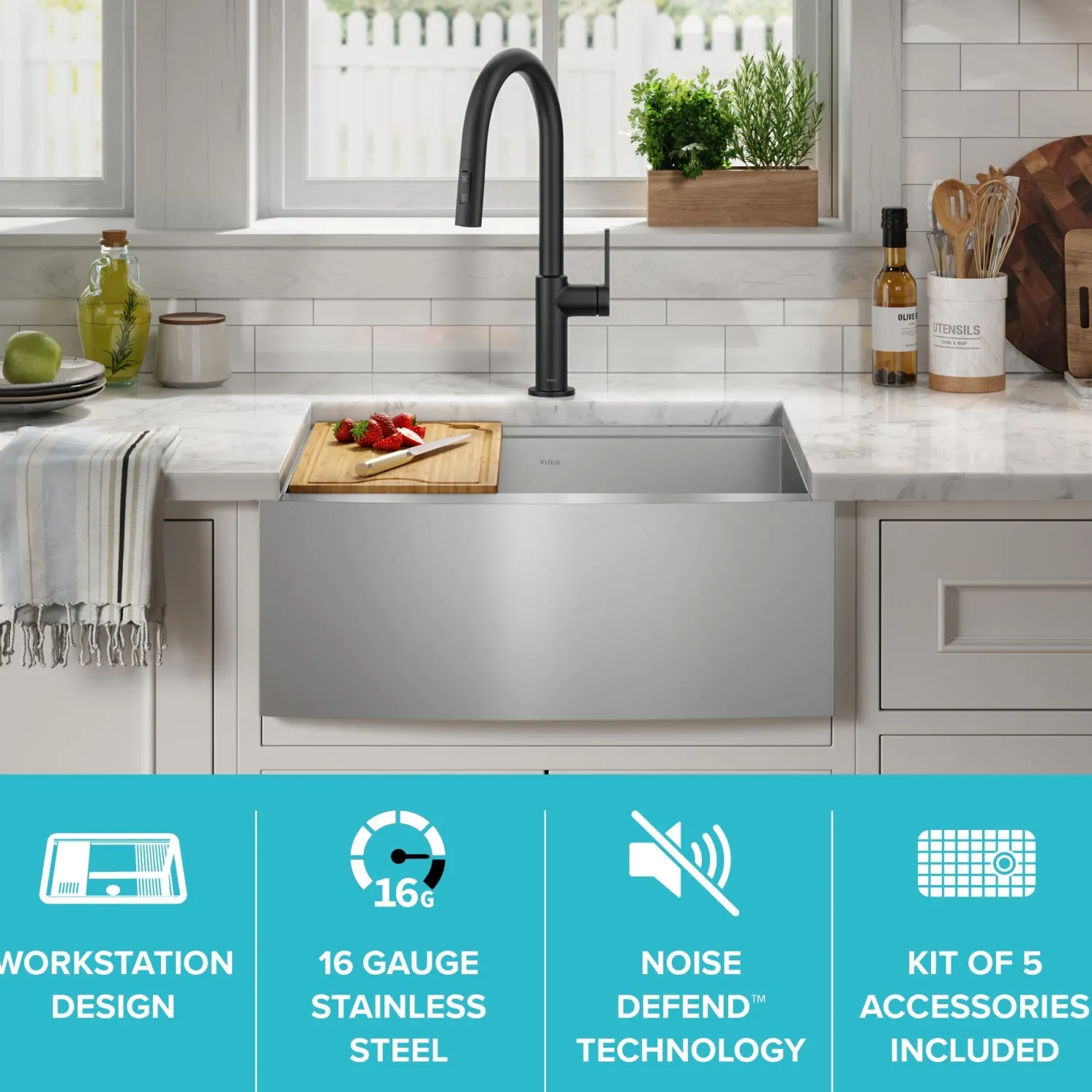 Discount Kore 24" Apron Front Workstation 16 Gauge Stainless Steel Single Bowl Kitchen Sink with Accessories Stainless Steel Sinks|Single Bowl Sinks