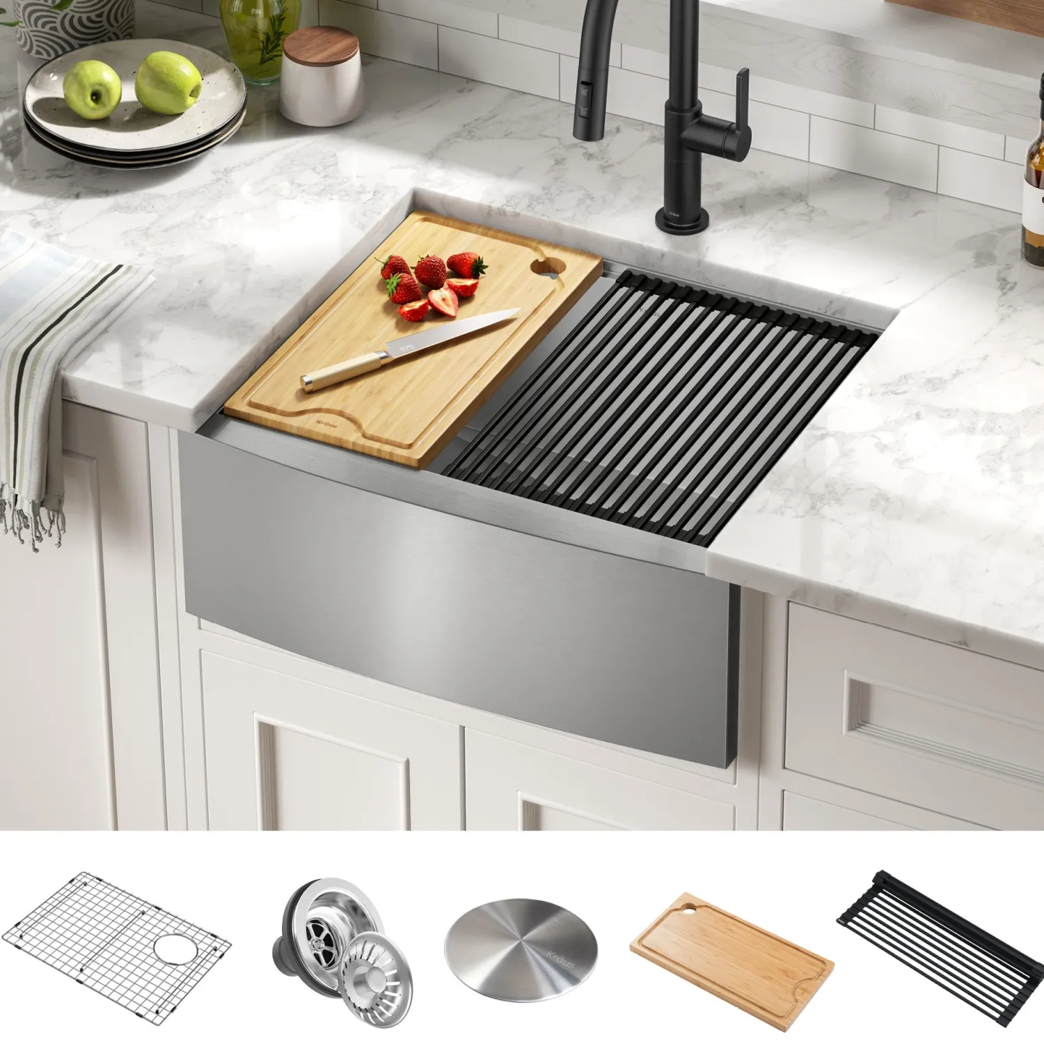 Discount Kore 24" Apron Front Workstation 16 Gauge Stainless Steel Single Bowl Kitchen Sink with Accessories Stainless Steel Sinks|Single Bowl Sinks