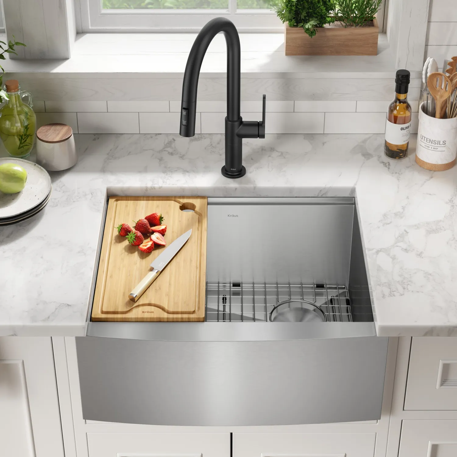 Discount Kore 24" Apron Front Workstation 16 Gauge Stainless Steel Single Bowl Kitchen Sink with Accessories Stainless Steel Sinks|Single Bowl Sinks
