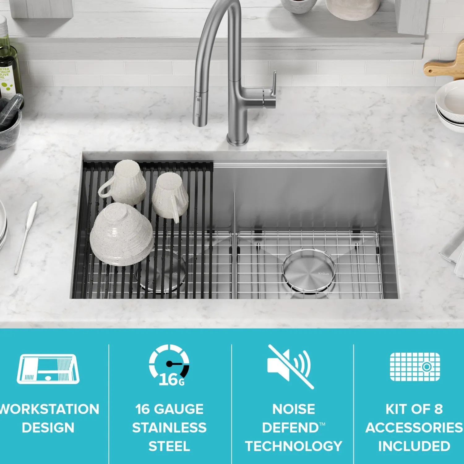 Kore 30" Double Bowl Undermount Workstation 16 Gauge Stainless Steel Kitchen Sink with Accessories Stainless Steel Sinks|Undermount Sinks