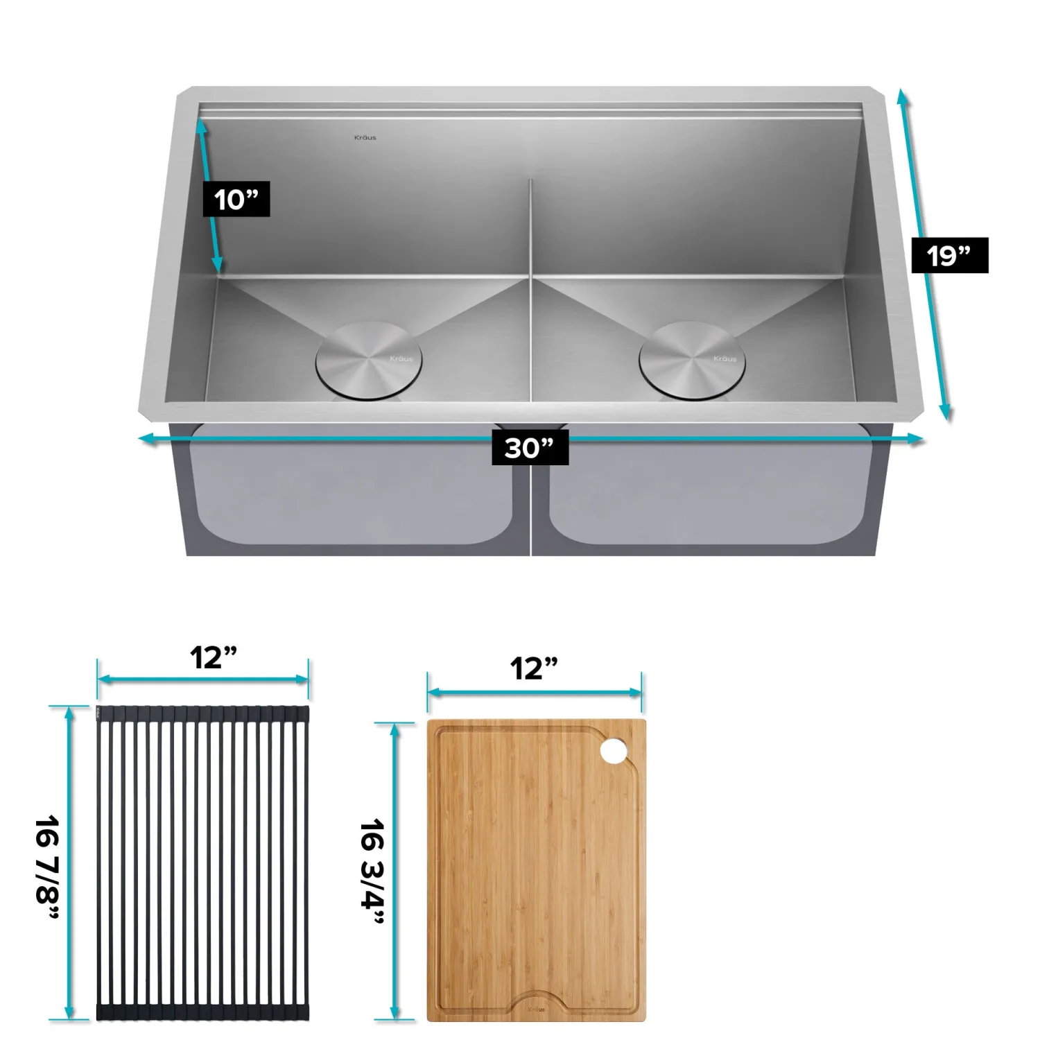 Kore 30" Double Bowl Undermount Workstation 16 Gauge Stainless Steel Kitchen Sink with Accessories Stainless Steel Sinks|Undermount Sinks