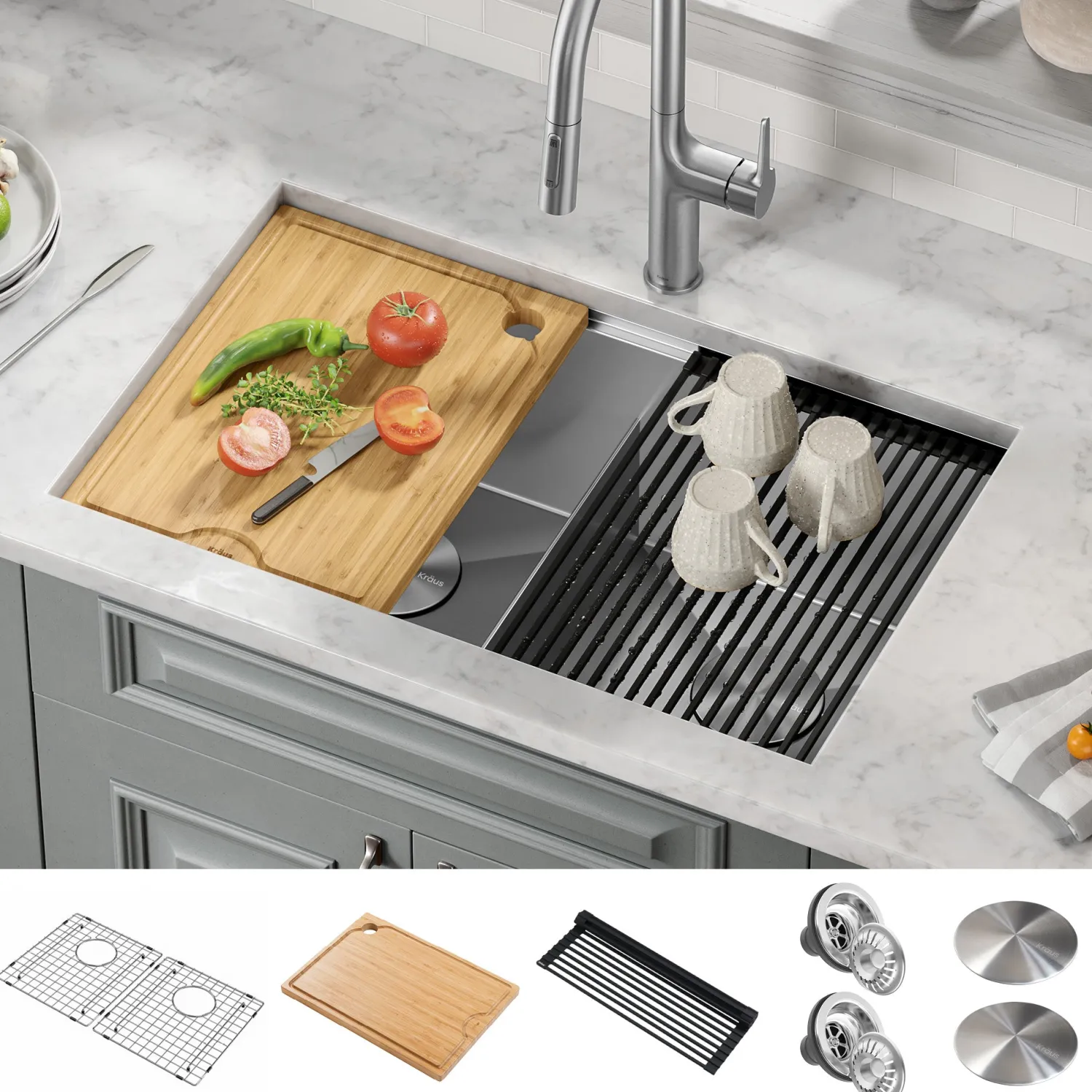 Kore 30" Double Bowl Undermount Workstation 16 Gauge Stainless Steel Kitchen Sink with Accessories Stainless Steel Sinks|Undermount Sinks