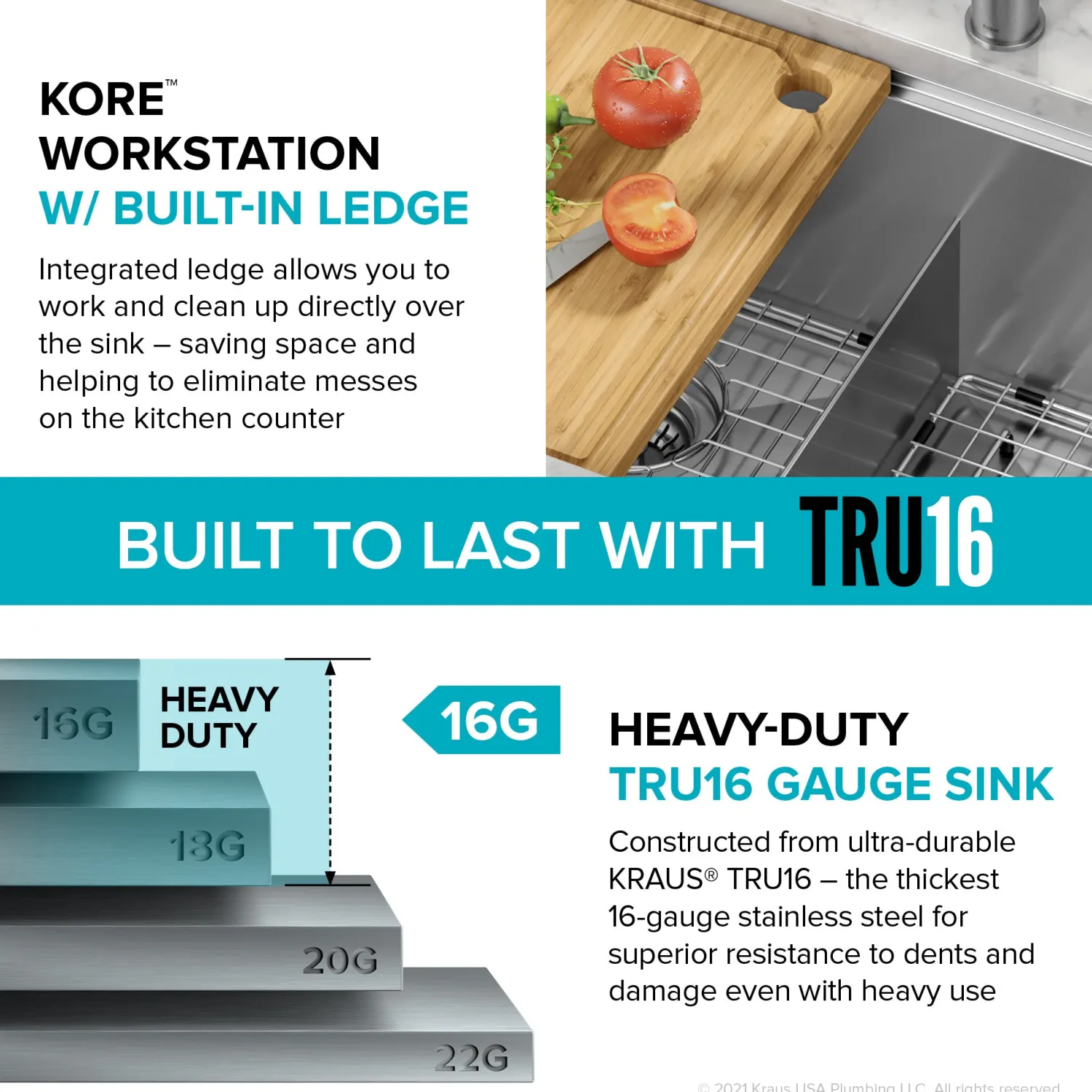 Kore 30" Double Bowl Undermount Workstation 16 Gauge Stainless Steel Kitchen Sink with Accessories Stainless Steel Sinks|Undermount Sinks