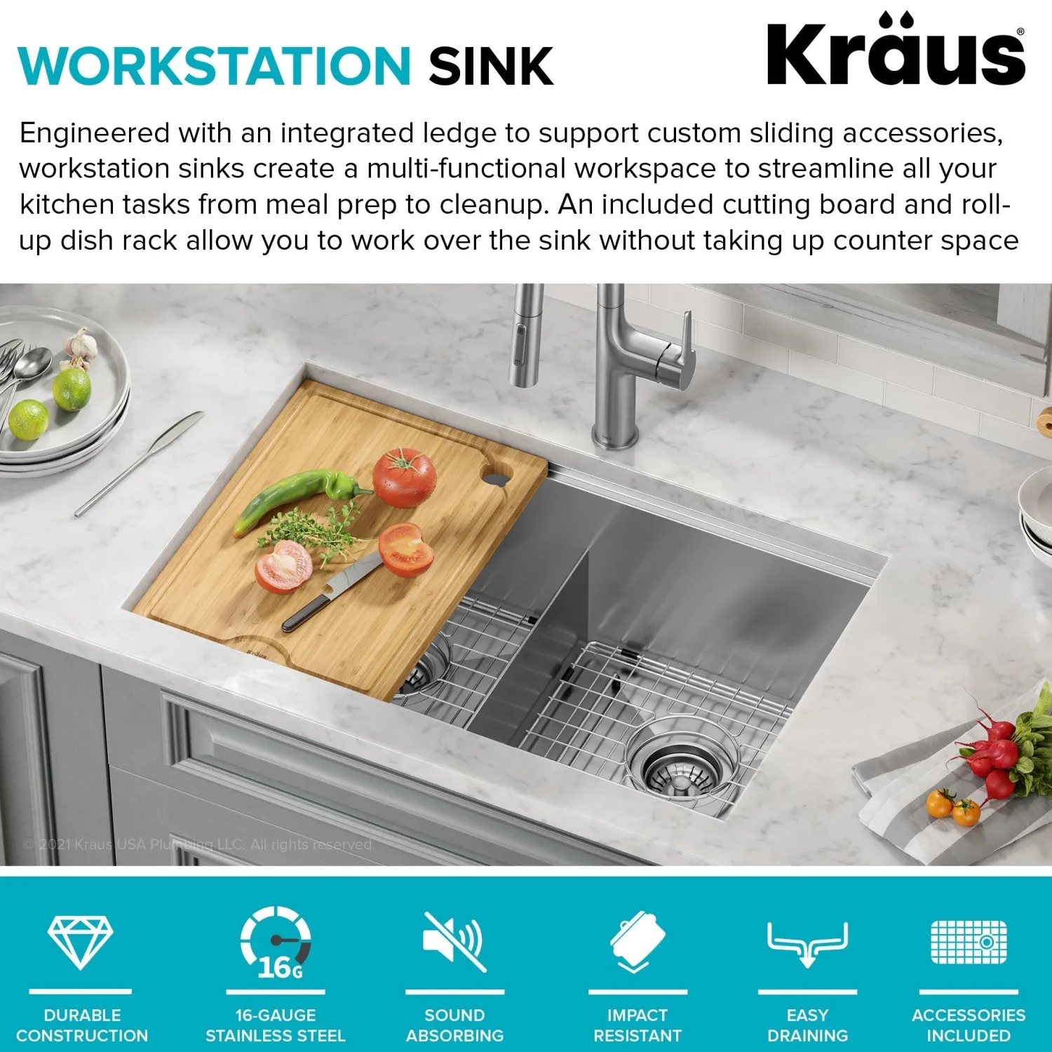 Kore 30" Double Bowl Undermount Workstation 16 Gauge Stainless Steel Kitchen Sink with Accessories Stainless Steel Sinks|Undermount Sinks
