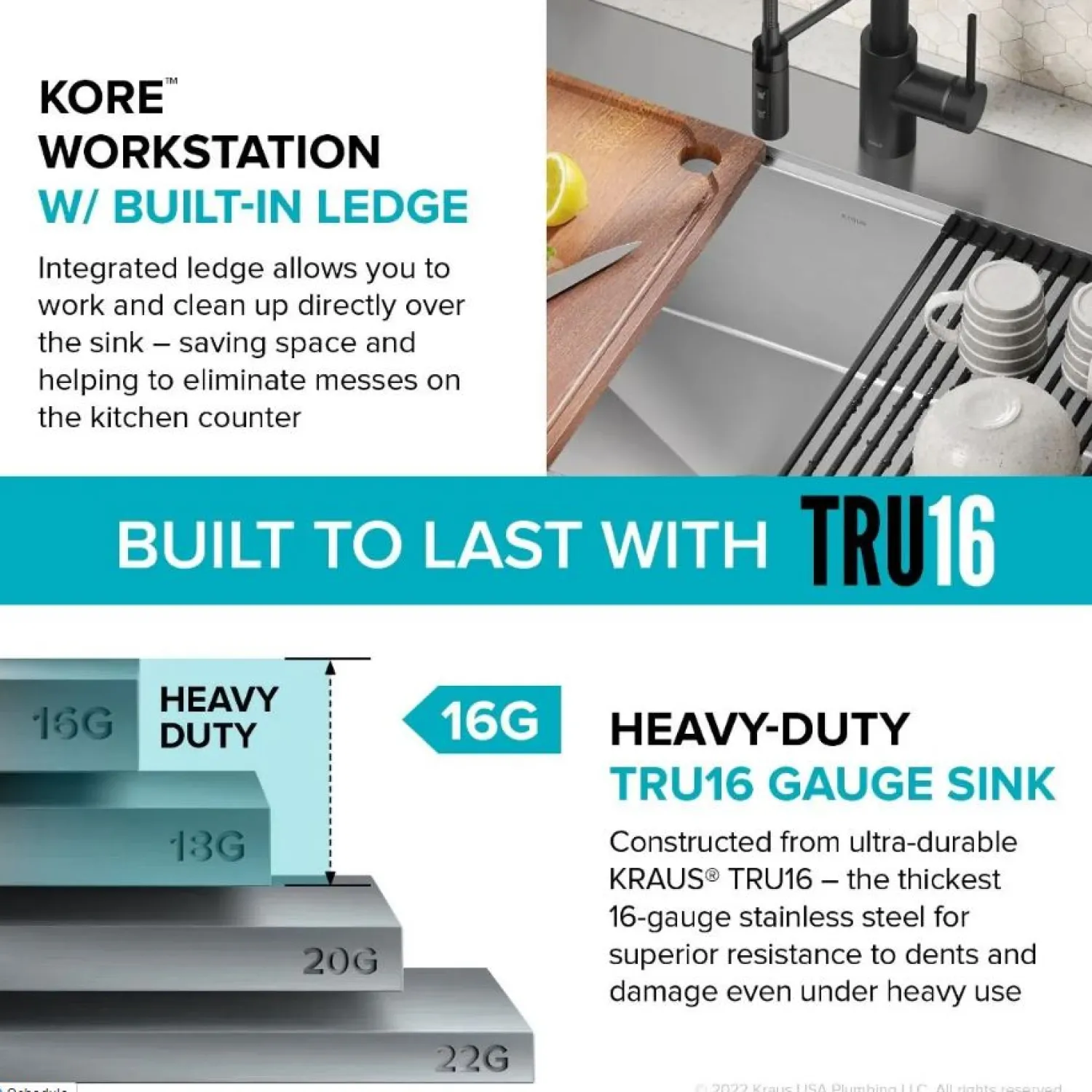 Kore 33" Drop-In Single Bowl 16 Gauge Workstation Sink Drop-In / Top Mount Sinks|Stainless Steel Sinks
