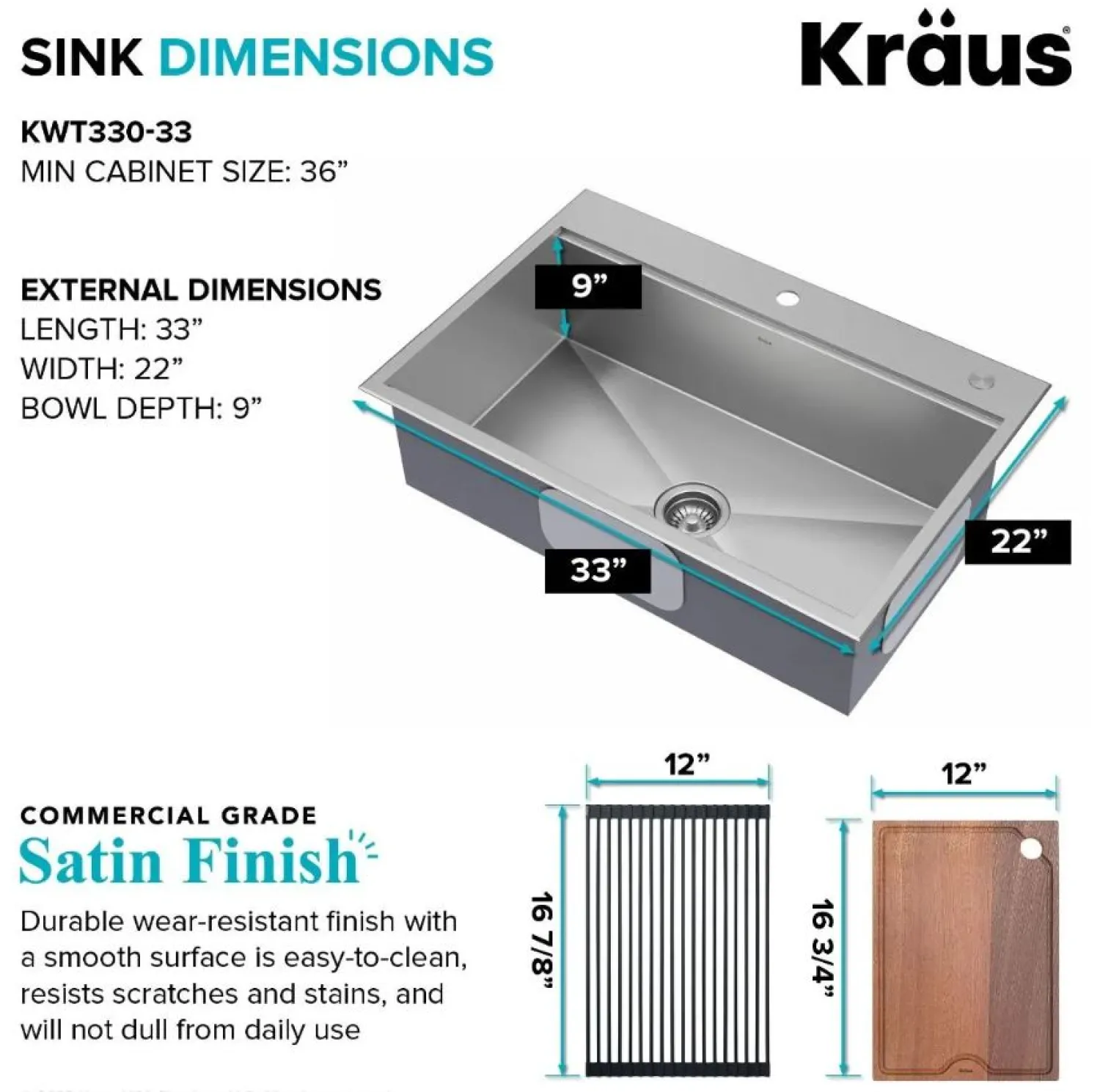 Kore 33" Drop-In Single Bowl 16 Gauge Workstation Sink Drop-In / Top Mount Sinks|Stainless Steel Sinks