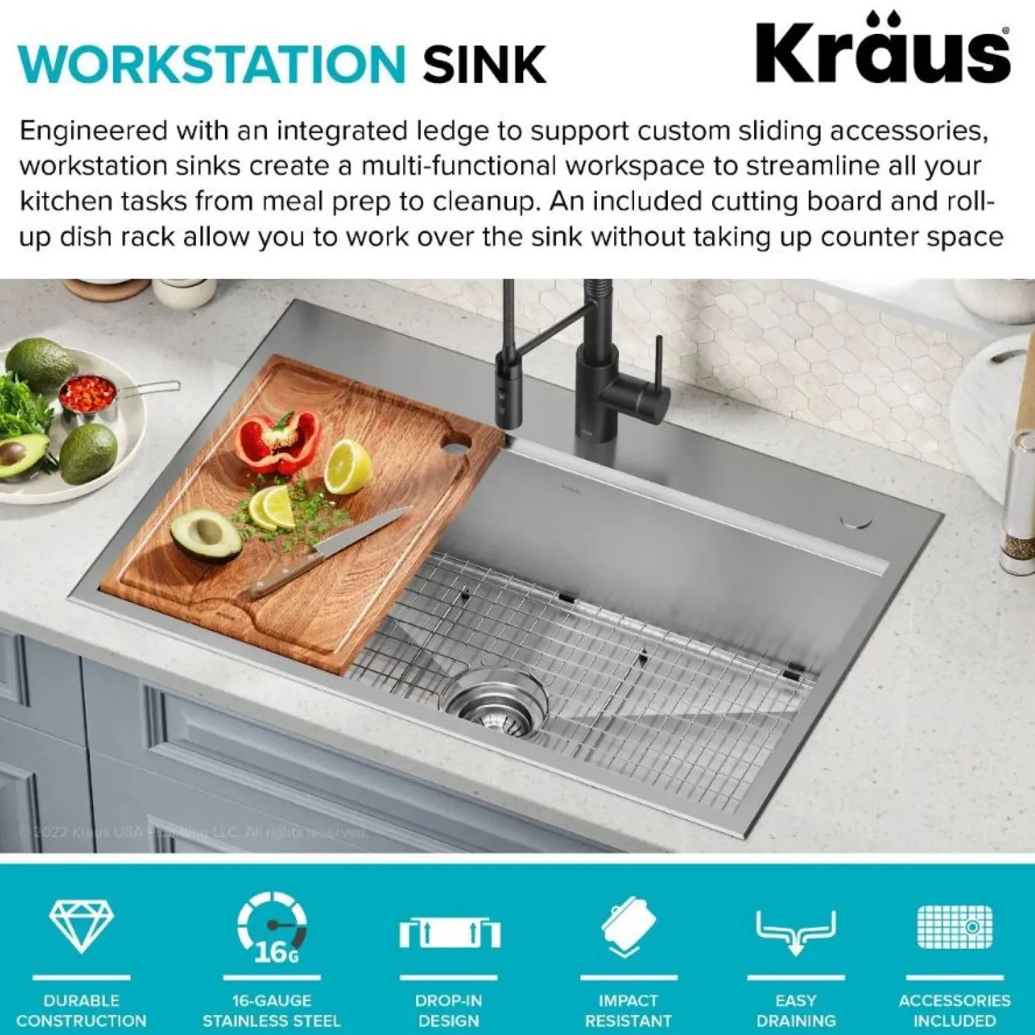 Kore 33" Drop-In Single Bowl 16 Gauge Workstation Sink Drop-In / Top Mount Sinks|Stainless Steel Sinks