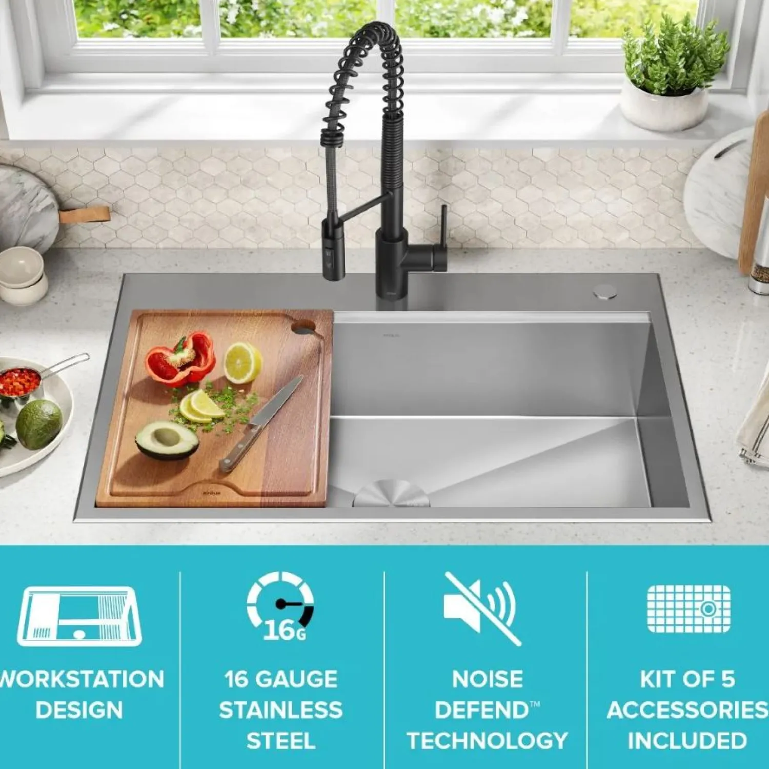 Kore 33" Drop-In Single Bowl 16 Gauge Workstation Sink Drop-In / Top Mount Sinks|Stainless Steel Sinks