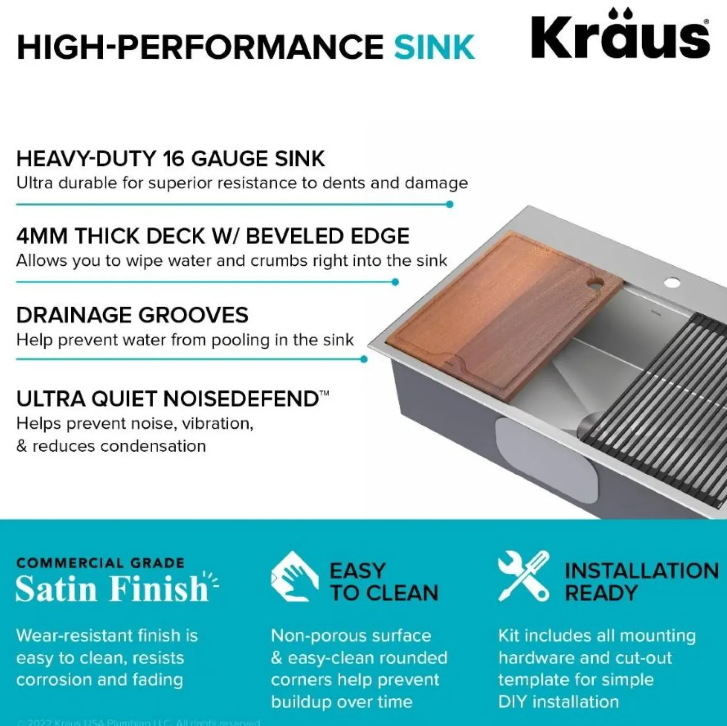 Kore 33" Drop-In Single Bowl 16 Gauge Workstation Sink Drop-In / Top Mount Sinks|Stainless Steel Sinks