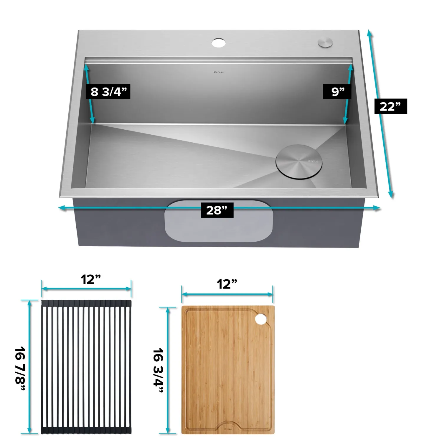 Best Kore 28" Drop-In Workstation 16 Gauge Stainless Steel Single Bowl Kitchen Sink with Accessories Drop-In / Top Mount Sinks|Stainless Steel Sinks