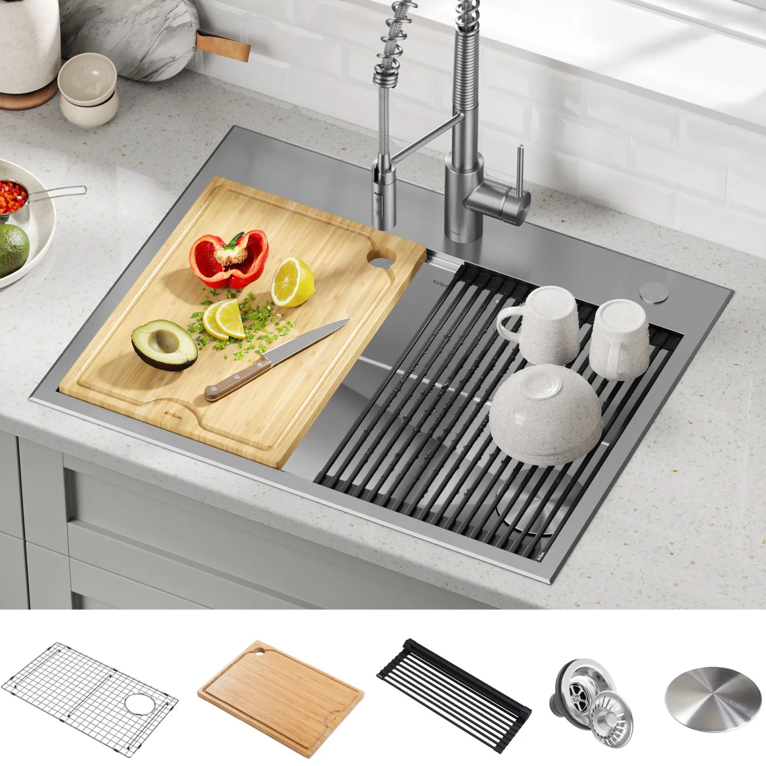 Best Kore 28" Drop-In Workstation 16 Gauge Stainless Steel Single Bowl Kitchen Sink with Accessories Drop-In / Top Mount Sinks|Stainless Steel Sinks