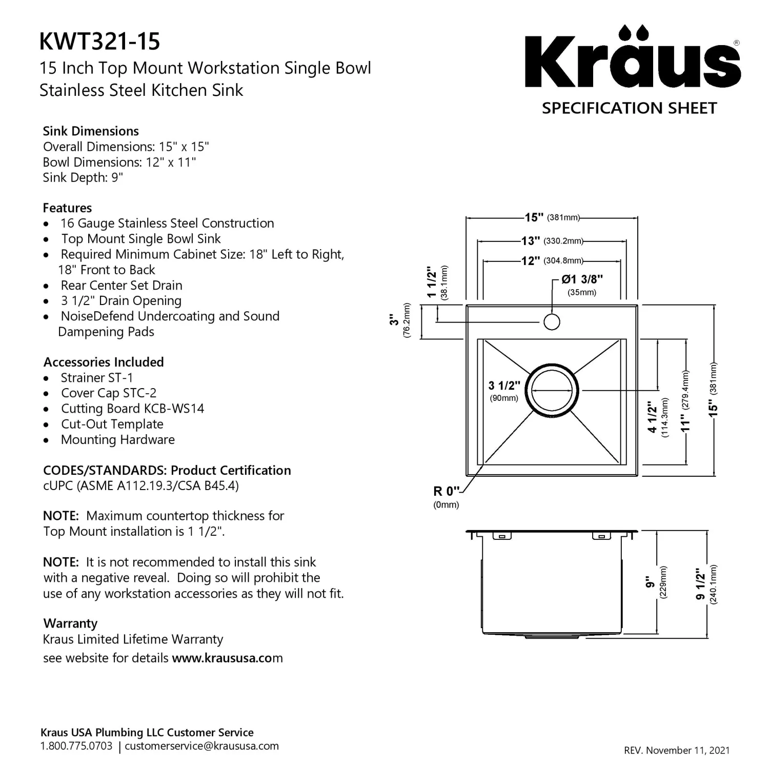 Best Kore 15" Drop-In Workstation 16 Gauge Stainless Steel Square Prep Sink with Accessories Sinks For Tight Spaces|Bar / Prep Sinks