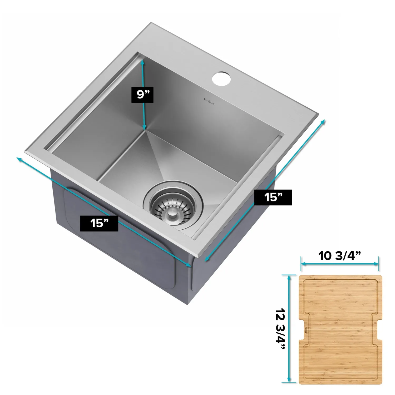 Best Kore 15" Drop-In Workstation 16 Gauge Stainless Steel Square Prep Sink with Accessories Sinks For Tight Spaces|Bar / Prep Sinks