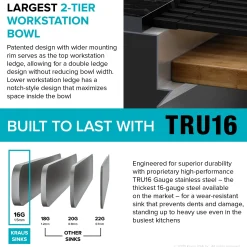 Outlet Kore Dual Tier 57" Undermount Workstation 16 Gauge Single Bowl Kitchen Sink Undermount Sinks|Single Bowl Sinks