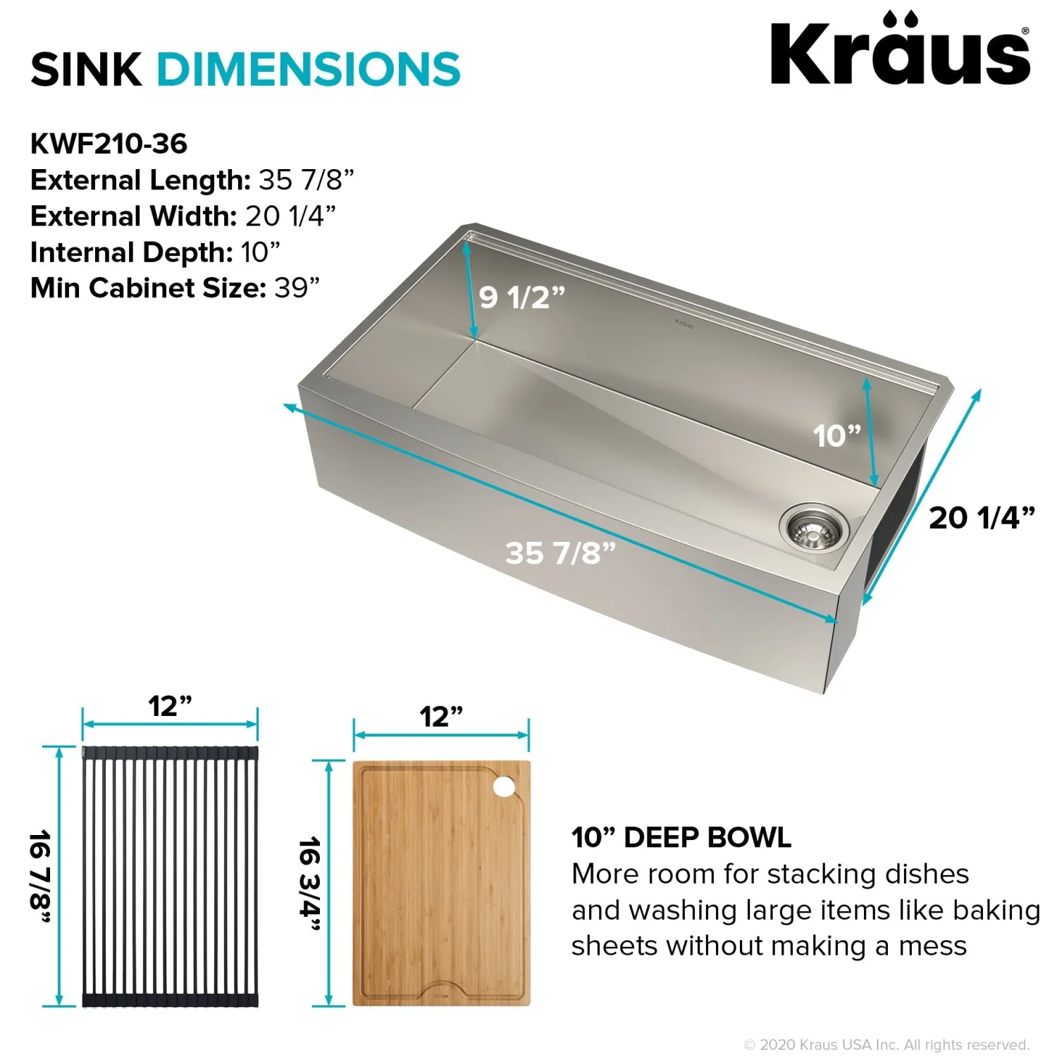 New Kore 36" 16 Gauge Stainless Steel Farmhouse Workstation Kitchen Sink Stainless Steel Sinks|Single Bowl Sinks