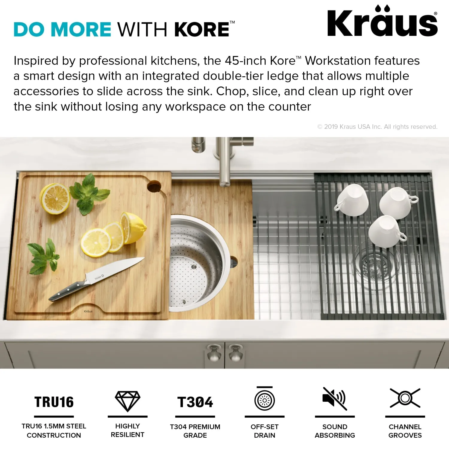 Outlet Kore 2-Tier Workstation 45" Undermount 16 Gauge Single Bowl Stainless Steel Kitchen Sink with Accessories Undermount Sinks|Single Bowl Sinks