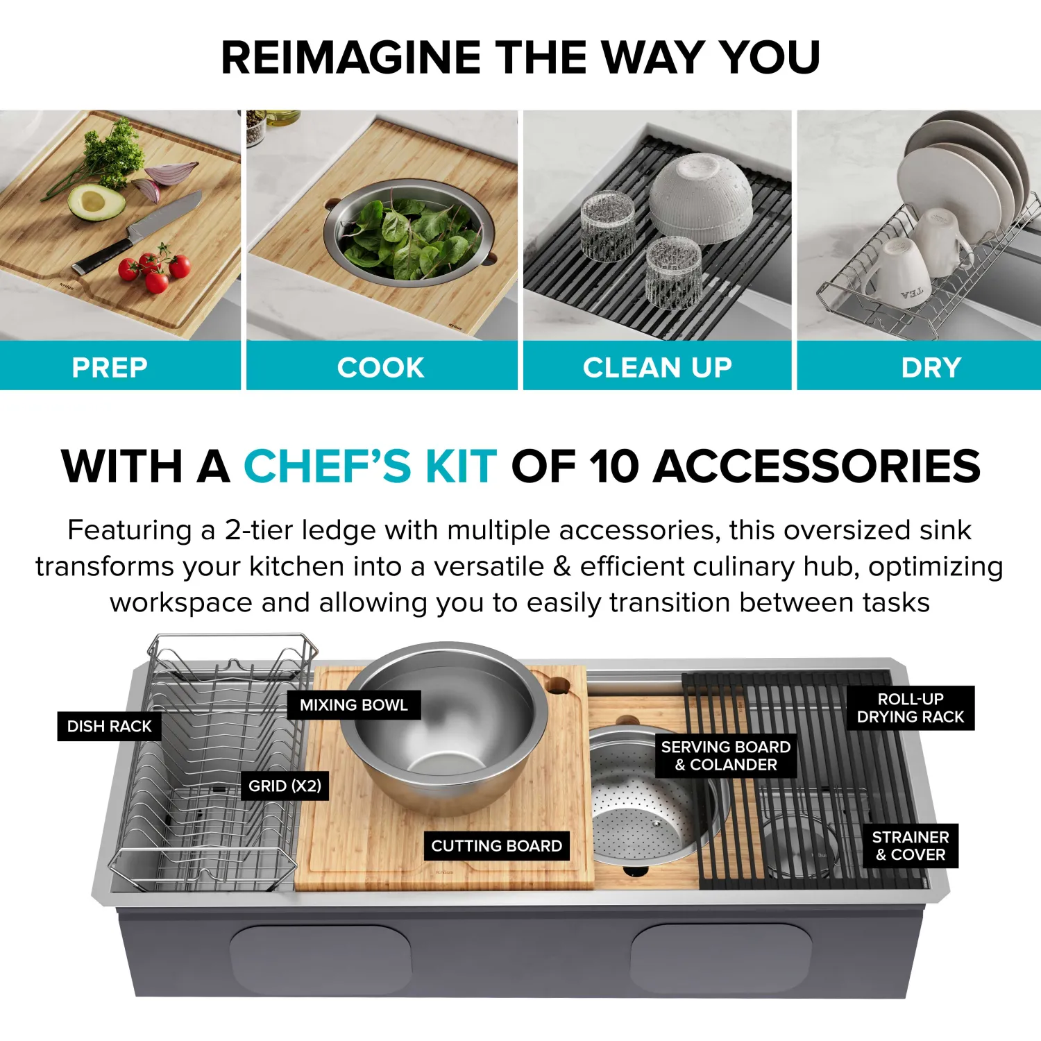 Outlet Kore 2-Tier Workstation 45" Undermount 16 Gauge Single Bowl Stainless Steel Kitchen Sink with Accessories Undermount Sinks|Single Bowl Sinks