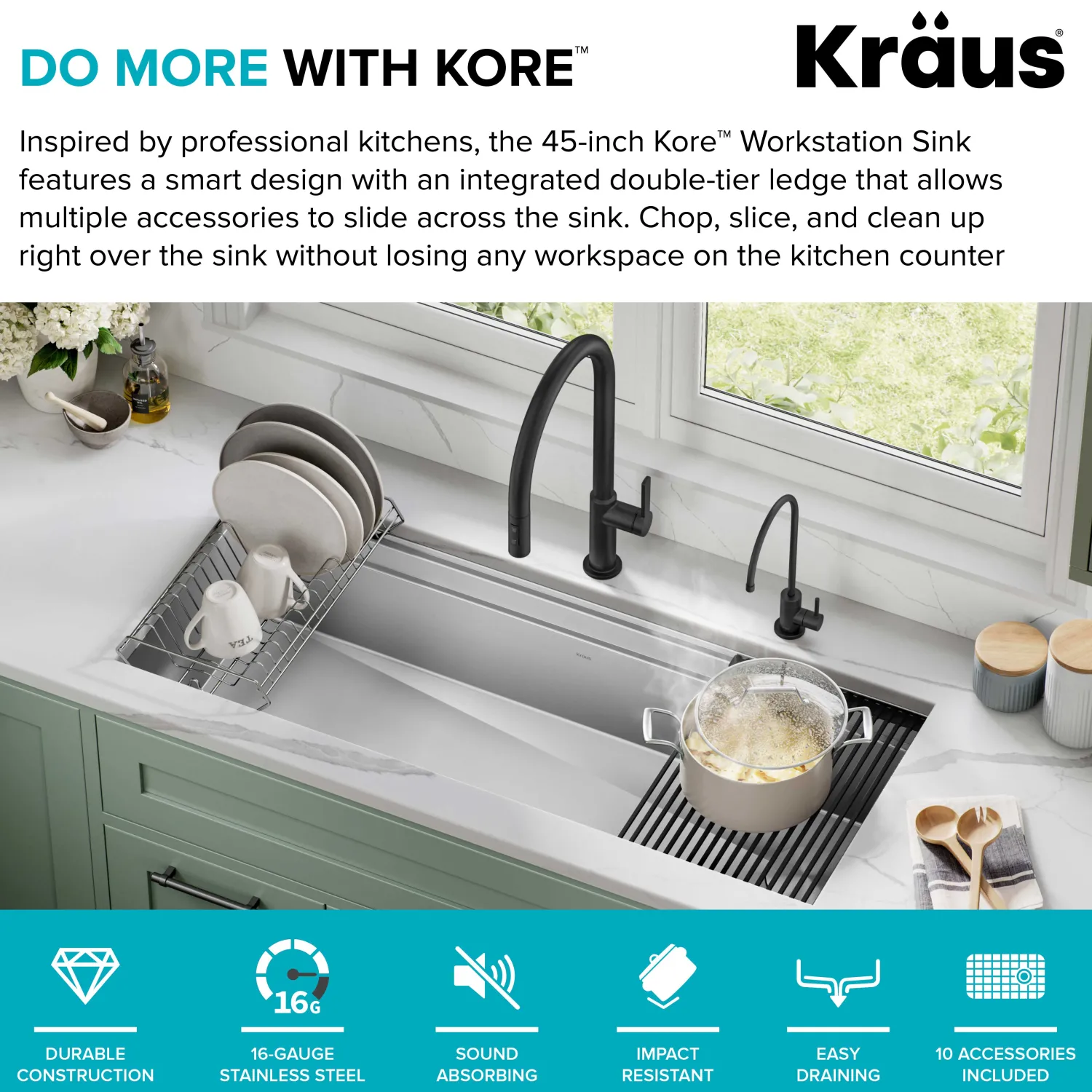 Outlet Kore 2-Tier Workstation 45" Undermount 16 Gauge Single Bowl Stainless Steel Kitchen Sink with Accessories Undermount Sinks|Single Bowl Sinks