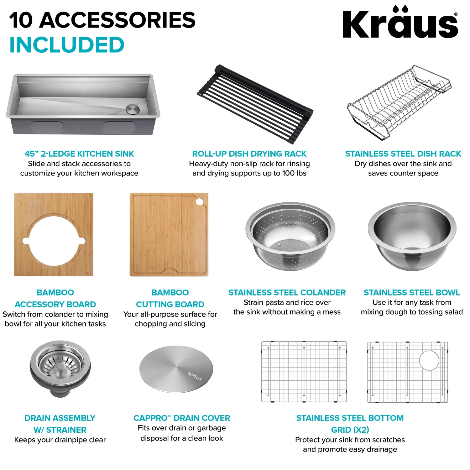 Outlet Kore 2-Tier Workstation 45" Undermount 16 Gauge Single Bowl Stainless Steel Kitchen Sink with Accessories Undermount Sinks|Single Bowl Sinks