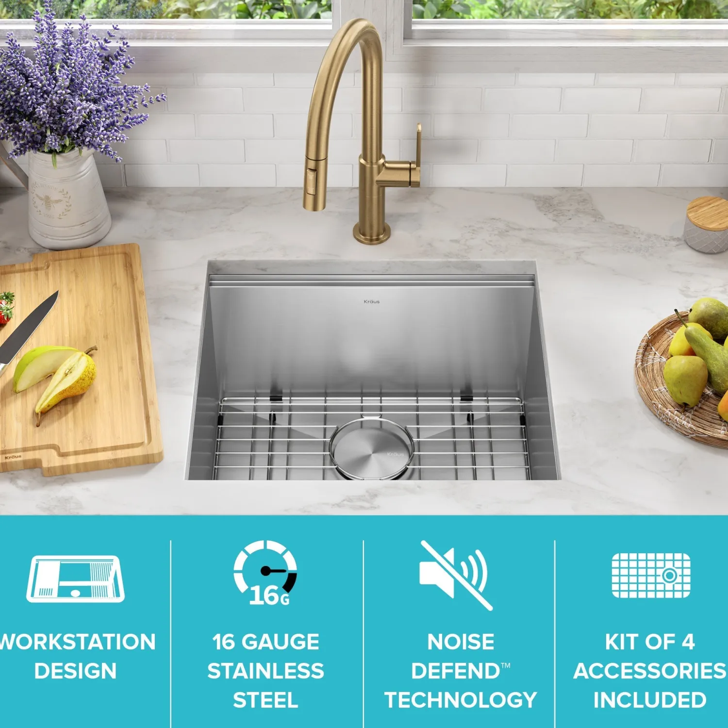 Kore 21" Undermount Workstation 16 Gauge Stainless Steel Single Bowl Kitchen Sink with Accessories Bar / Prep Sinks|Workstation Sinks