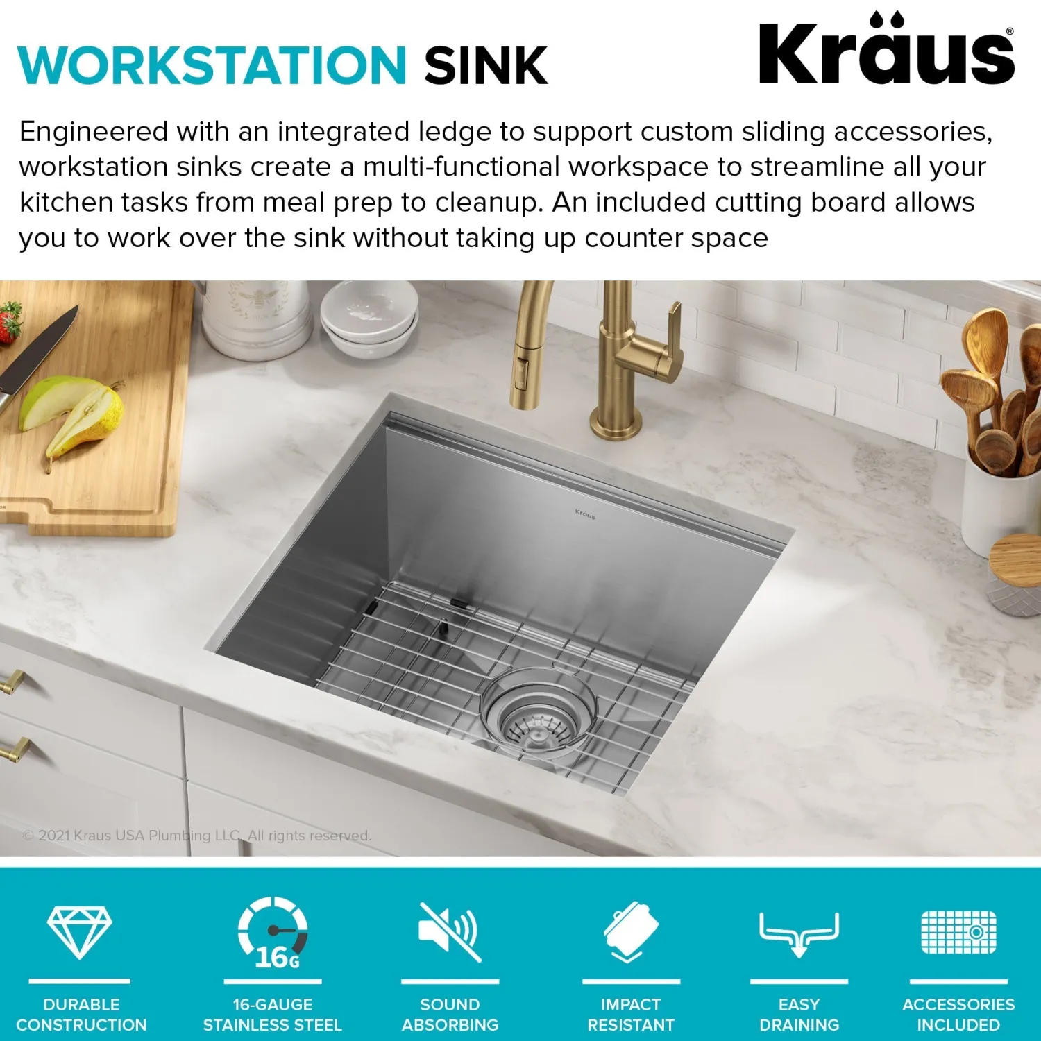 Kore 21" Undermount Workstation 16 Gauge Stainless Steel Single Bowl Kitchen Sink with Accessories Bar / Prep Sinks|Workstation Sinks