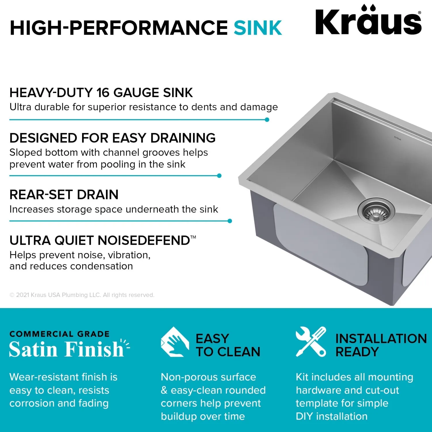 Kore 21" Undermount Workstation 16 Gauge Stainless Steel Single Bowl Kitchen Sink with Accessories Bar / Prep Sinks|Workstation Sinks