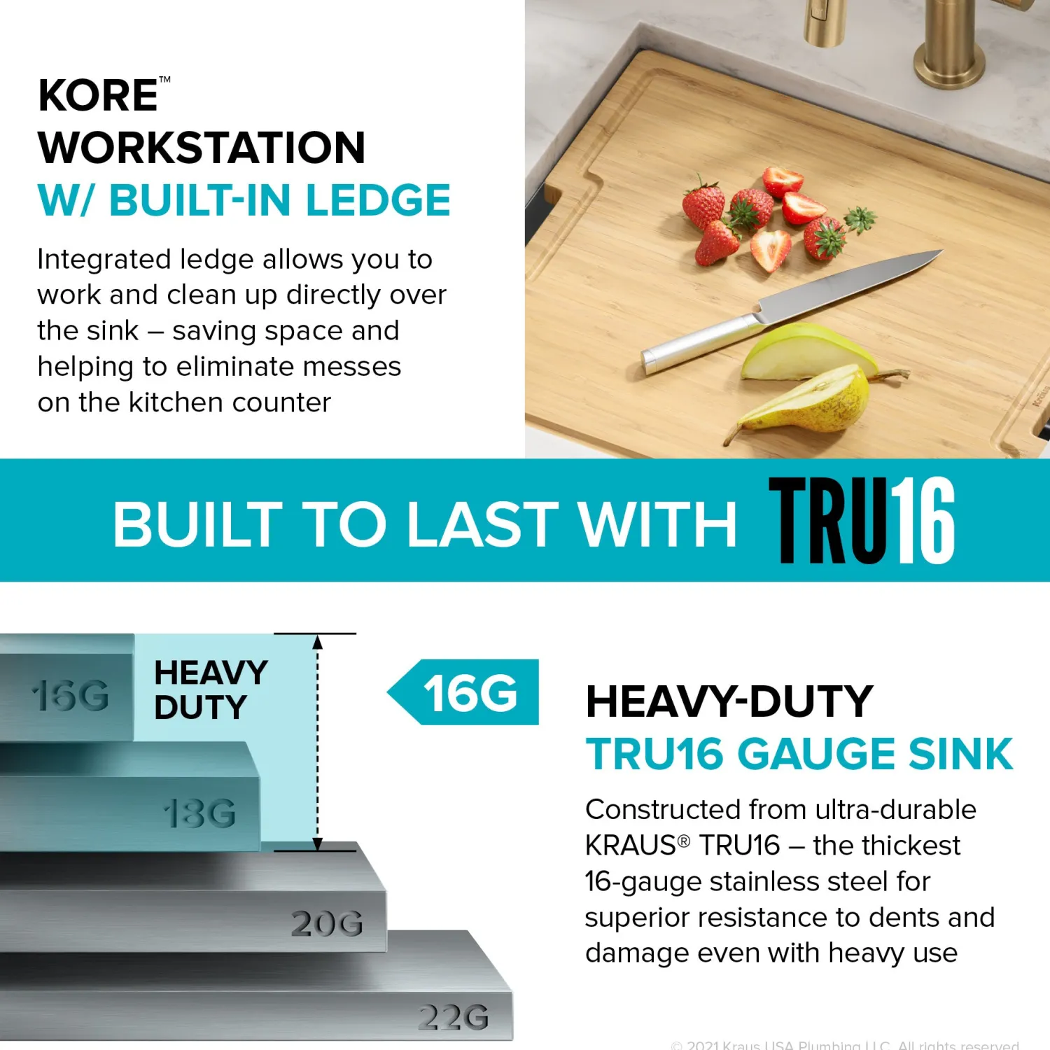 Kore 21" Undermount Workstation 16 Gauge Stainless Steel Single Bowl Kitchen Sink with Accessories Bar / Prep Sinks|Workstation Sinks
