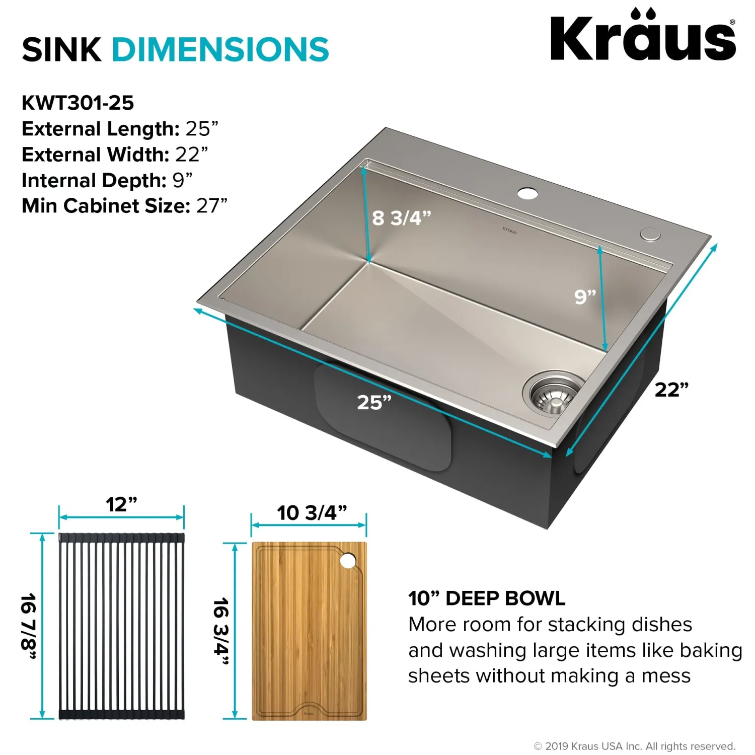Clearance Kore Workstation 25" Drop-In or Undermount 16 Gauge Kitchen Sink with Accessories Drop-In / Top Mount Sinks|Stainless Steel Sinks