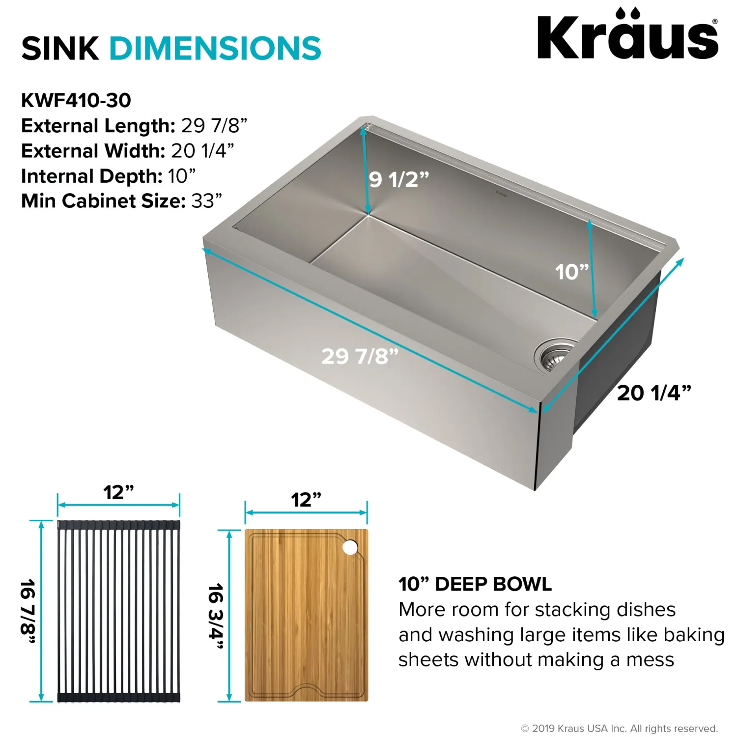 New Kore Workstation 30" Farmhouse Flat Apron Front 16 Gauge Single Bowl Stainless Steel Kitchen Sink Stainless Steel Sinks|Single Bowl Sinks