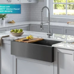 New Kore Workstation 33" Farmhouse Modern Flat Apron Front 16 Gauge Single Bowl Kitchen Sink in PVD Gunmetal Gunmetal, Brass, & Gold|Single Bowl Sinks