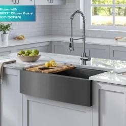 Kore Workstation 33" Farmhouse Apron Front 16 Gauge Single Bowl Kitchen Sink in PVD Gunmetal Gunmetal, Brass, & Gold|Single Bowl Sinks