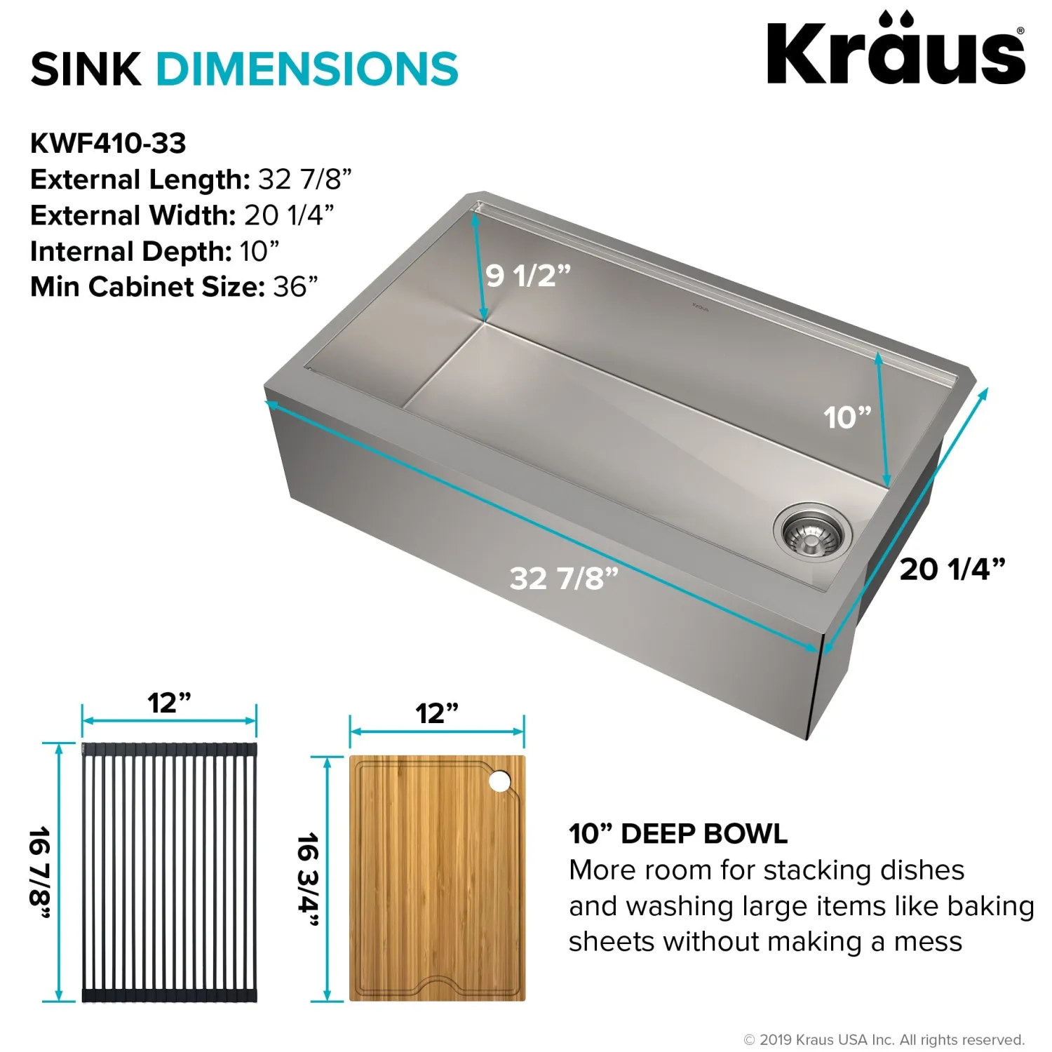 Kore Workstation 33" Farmhouse Flat Apron Front 16 Gauge Single Bowl Stainless Steel Kitchen Sink with Accessories Stainless Steel Sinks|Single Bowl Sinks