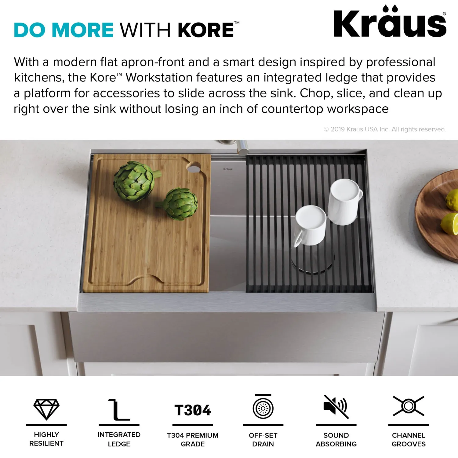 Kore Workstation 33" Farmhouse Flat Apron Front 16 Gauge Single Bowl Stainless Steel Kitchen Sink with Accessories Stainless Steel Sinks|Single Bowl Sinks