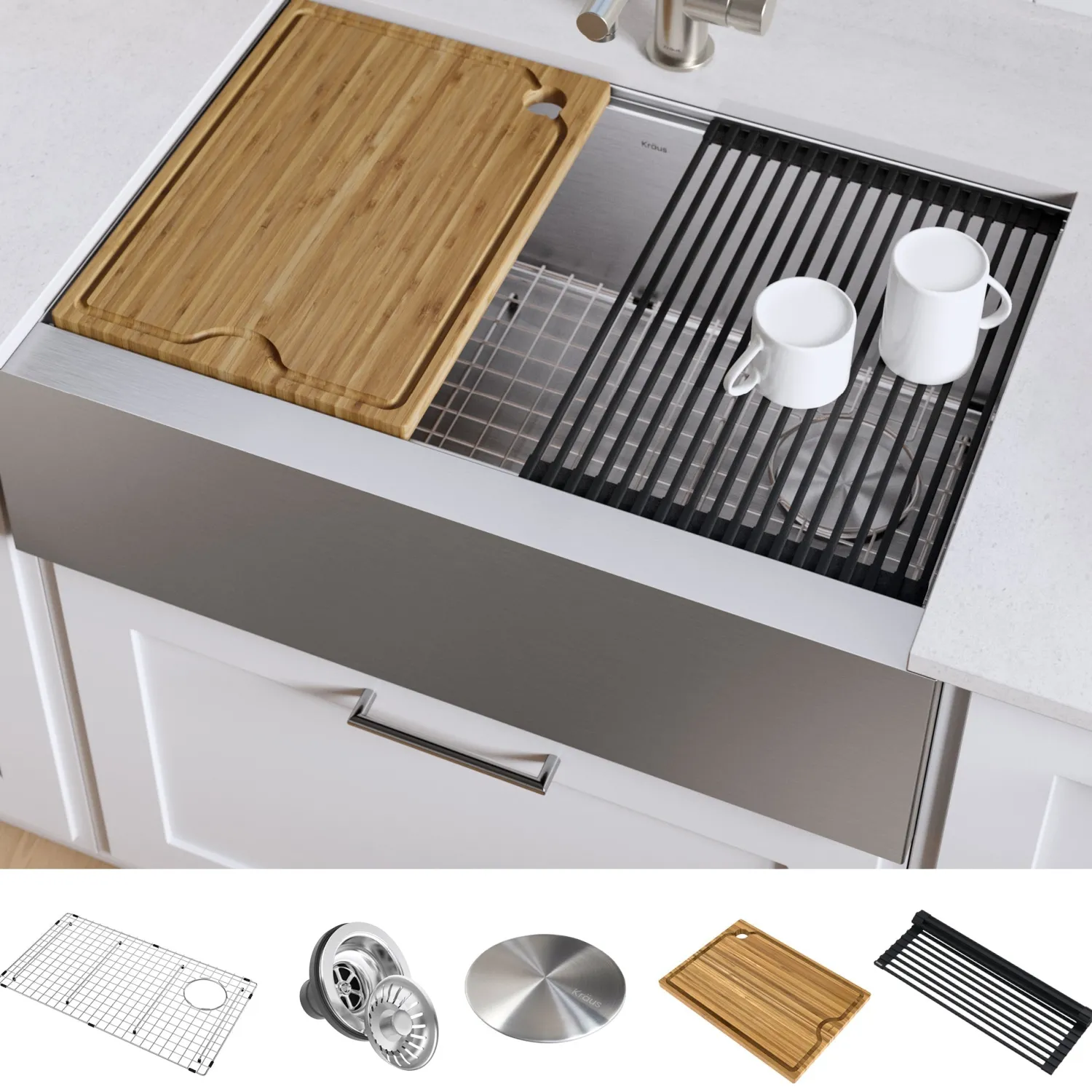 Kore Workstation 33" Farmhouse Flat Apron Front 16 Gauge Single Bowl Stainless Steel Kitchen Sink with Accessories Stainless Steel Sinks|Single Bowl Sinks