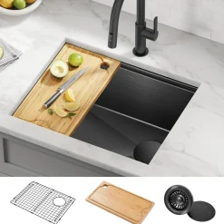 Discount Kore Workstation 23" Undermount Kitchen Sink in 16 Gauge PVD Gunmetal Undermount Sinks|Single Bowl Sinks