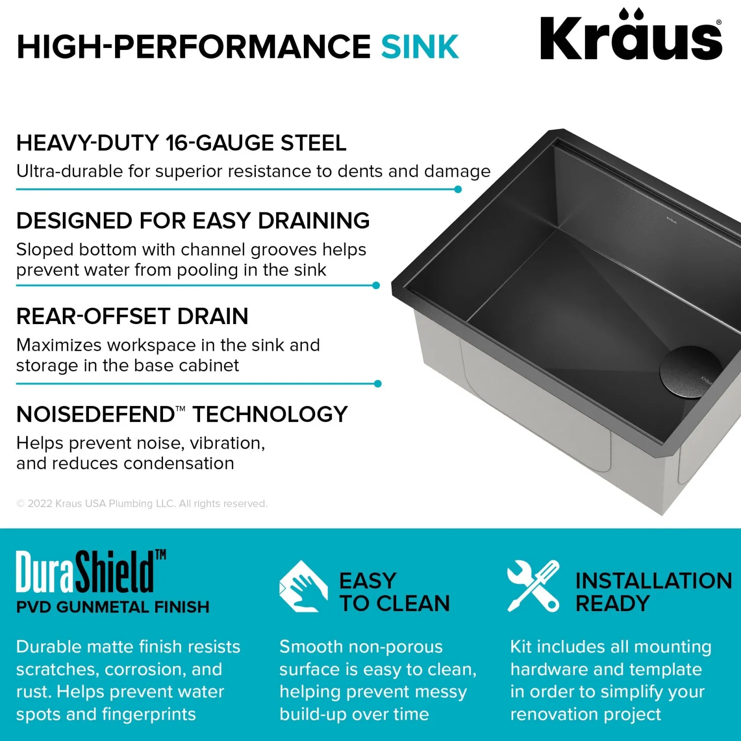 Discount Kore Workstation 23" Undermount Kitchen Sink in 16 Gauge PVD Gunmetal Undermount Sinks|Single Bowl Sinks