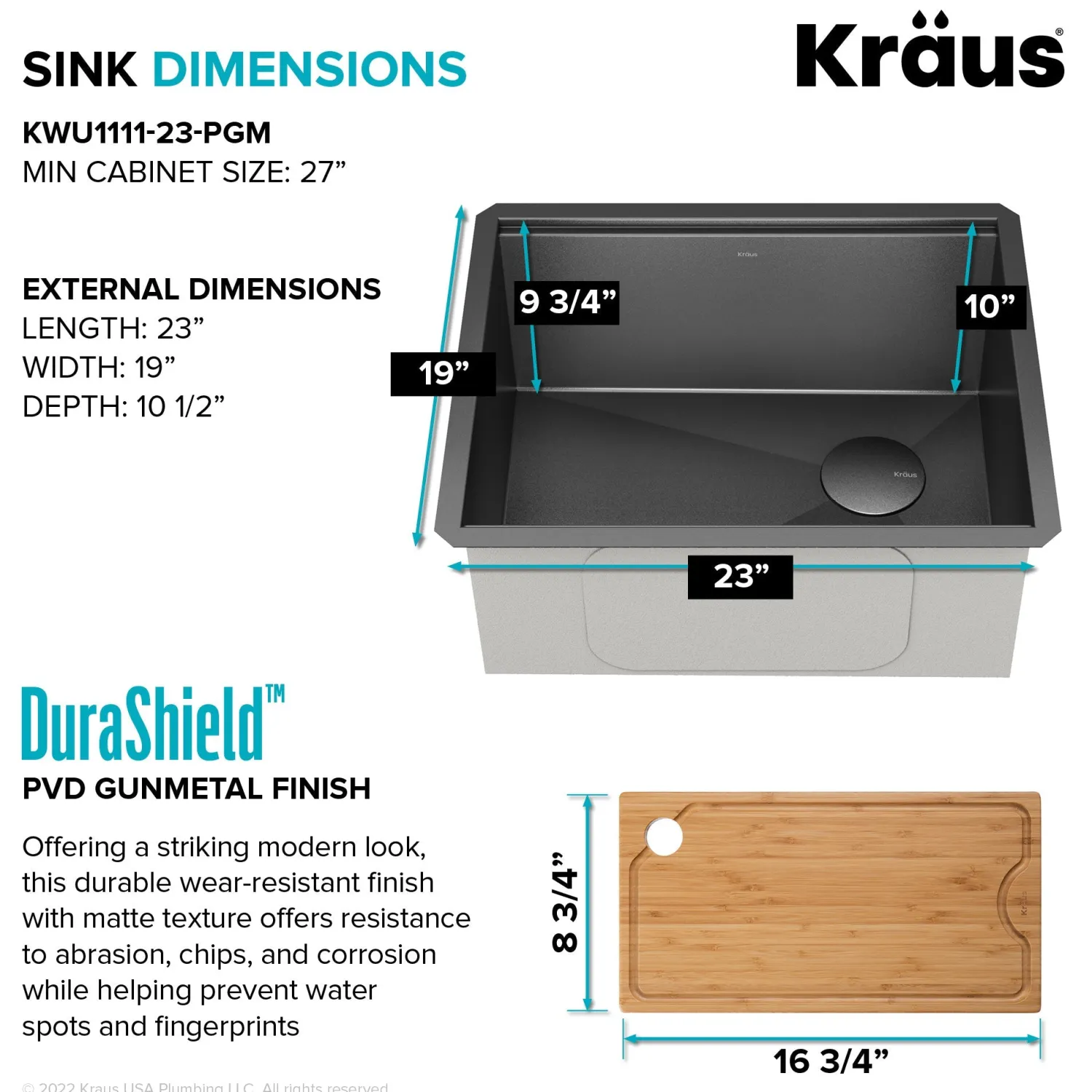 Discount Kore Workstation 23" Undermount Kitchen Sink in 16 Gauge PVD Gunmetal Undermount Sinks|Single Bowl Sinks
