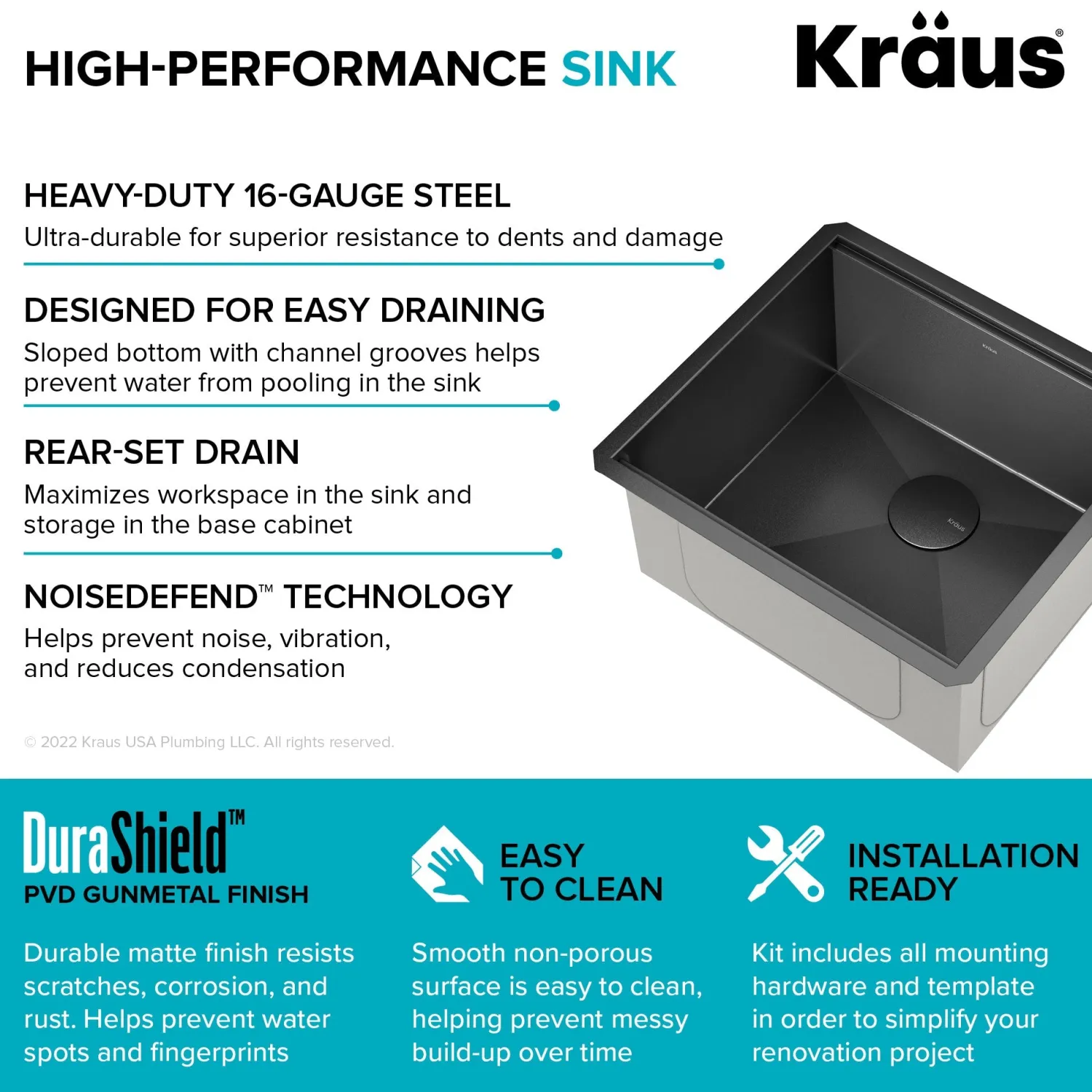 Hot Kore Workstation 21" Undermount 16 Gauge Bar or Kitchen Sink in PVD Gunmetal Gunmetal, Brass, & Gold|Bar / Prep Sinks