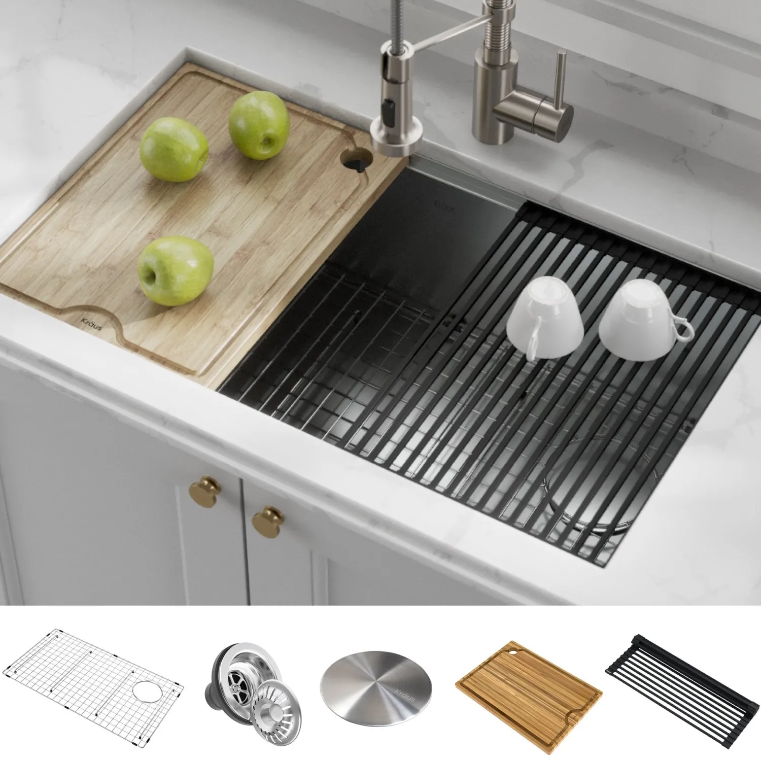 Best Kore Workstation 32" Undermount 16 Gauge Single Bowl Stainless Steel Kitchen Sink with Accessories Workstation Sinks|Stainless Steel Sinks