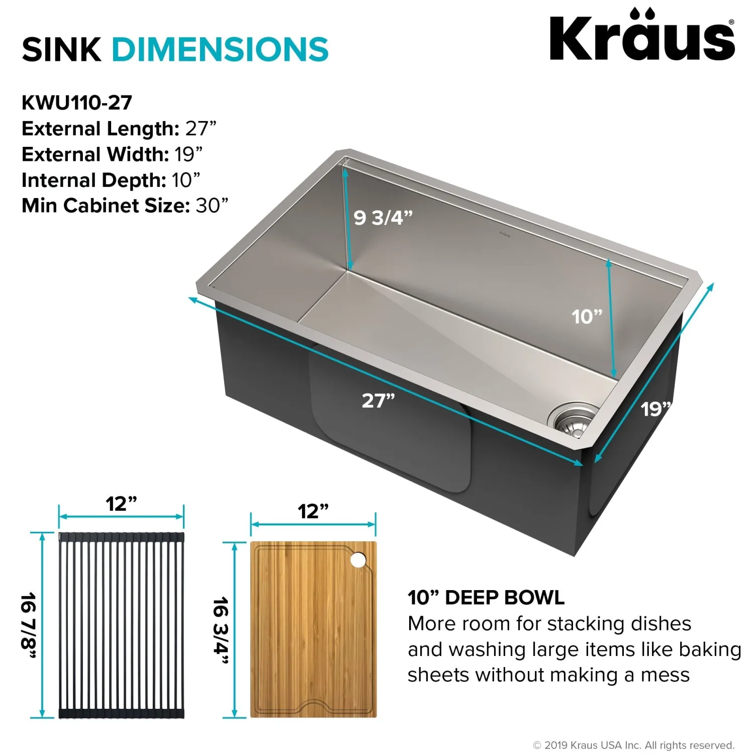 Clearance Kore Workstation 27" Undermount 16 Gauge Single Bowl Stainless Steel Kitchen Sink with Accessories Workstation Sinks|Stainless Steel Sinks